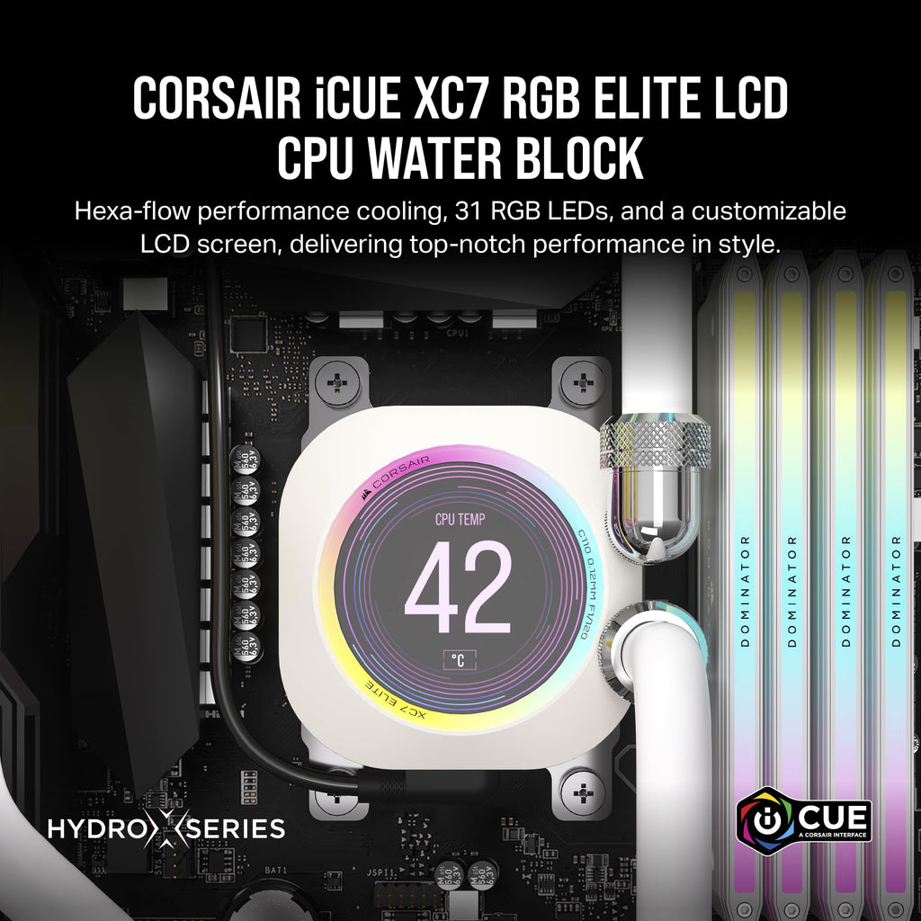 Corsair XC7 RGB ELITE LCD CPU Water Block - 480x480 IPS LCD Screen - 31 RGB LEDs - USB-C - Fits Intel® LGA 1700, AMD® AM5 and older - White