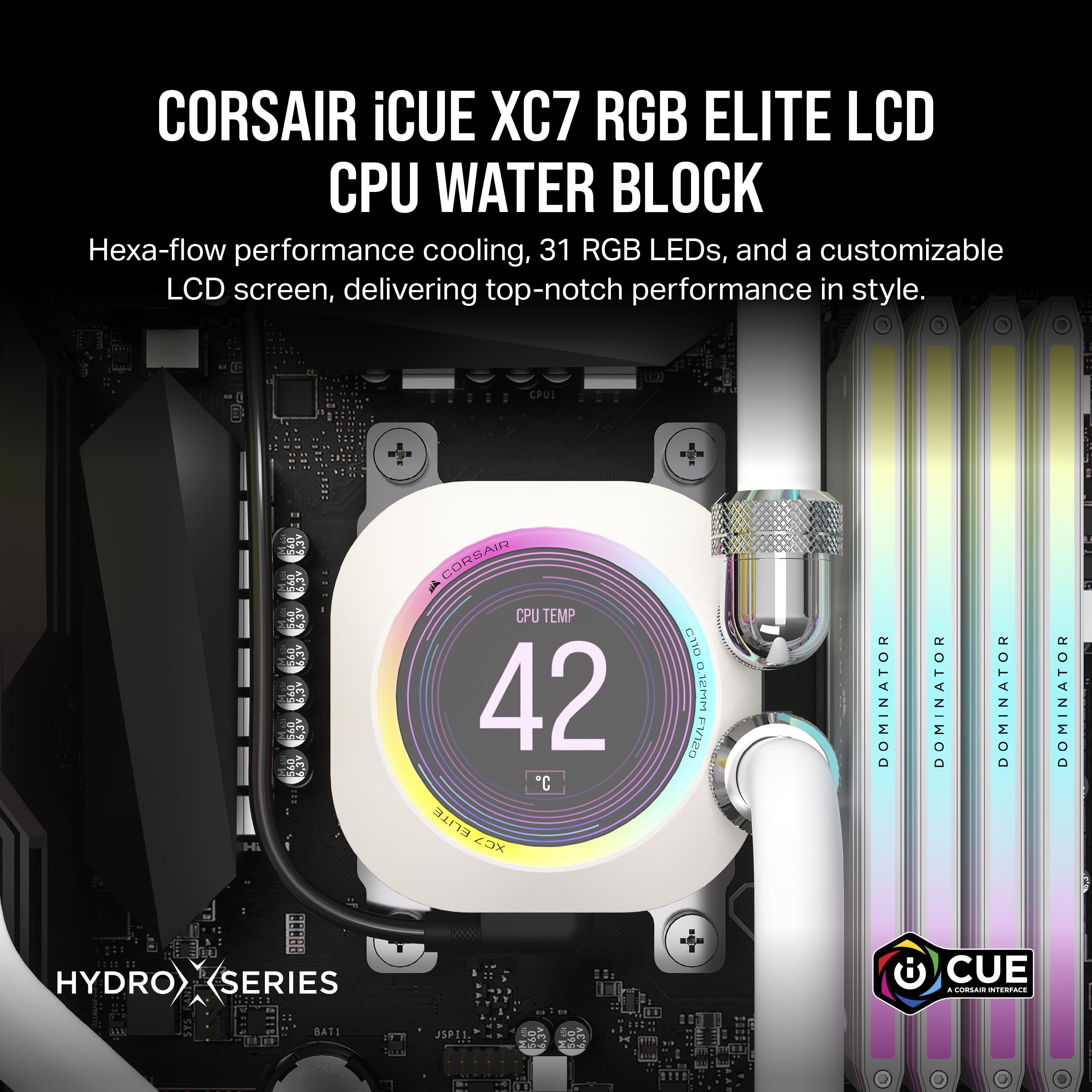 Corsair XC7 RGB ELITE LCD CPU Water Block - 480x480 IPS LCD Screen - 31 RGB LEDs - USB-C - Fits Intel® LGA 1700, AMD® AM5 and older - White