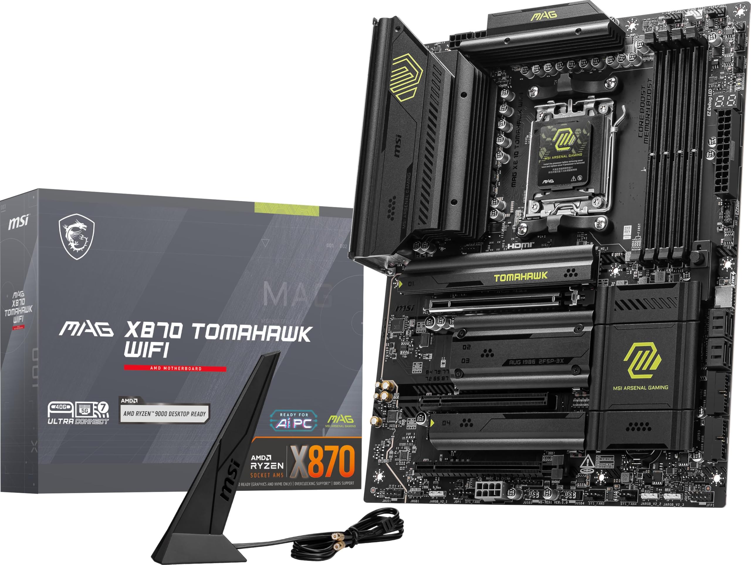 MSI MAG X870 Tomahawk Gaming WiFi Motherboard AMD Ryzen 9000/8000/7000 Series Processors, AM5, DDR5, PCIe 5.0, M.2 Gen5, SATA 6Gb/s, USB 40Gbps, HDMI/DP, Wi-Fi 7, Bluetooth 5.4, 5Gbps LAN,
