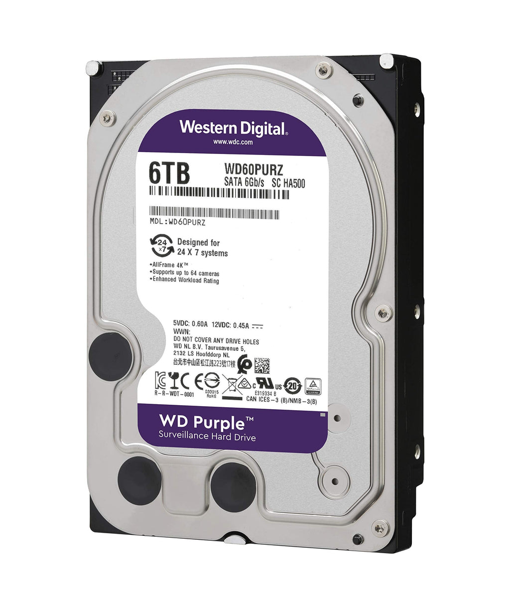 Western Digital Purple 6TB Surveillance 3.5 Inch SATA 6 Gb/s Hard Disk Drive with Allframe 4K Technology - 180TB/yr, 64MB Cache, 5400rpm - WD60PURZ