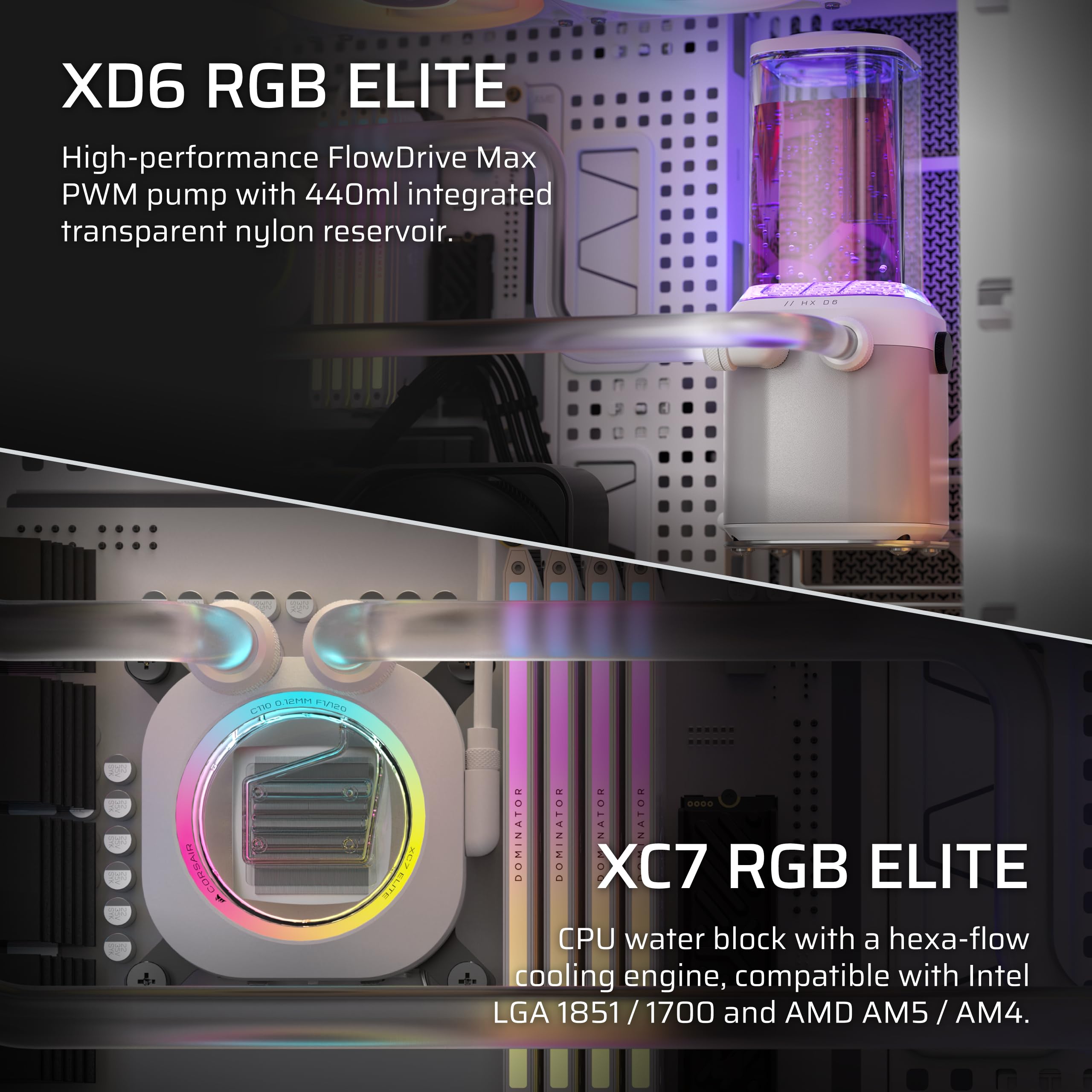 Corsair iCUE LINK XH505i RX 360 RGB Custom Cooling Kit – XC7 ELITE CPU Water Block, XD6 ELITE Pump Reservoir, 3x RX120 RGB Fans, XR5 360mm Radiator, iCUE LINK System Hub – White