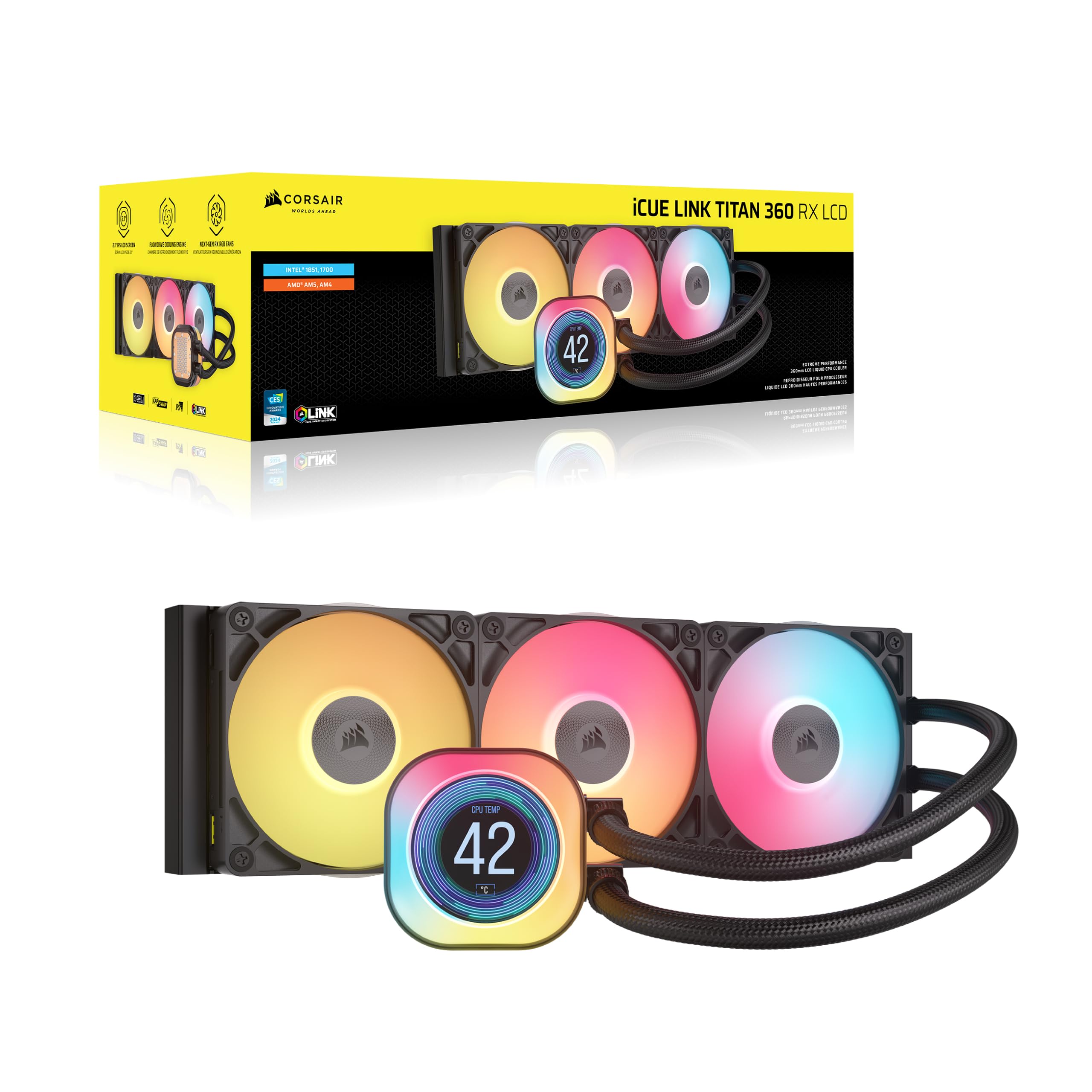 Corsair iCUE LINK TITAN 360 RX LCD Liquid CPU Cooler � 360mm AIO � Low-Noise � FlowDrive Cooling Engine � Intel LGA 1851/1700, AMD AM5/AM4 � 3x RX120 RGB Fans � iCUE LINK System Hub Included � Black
