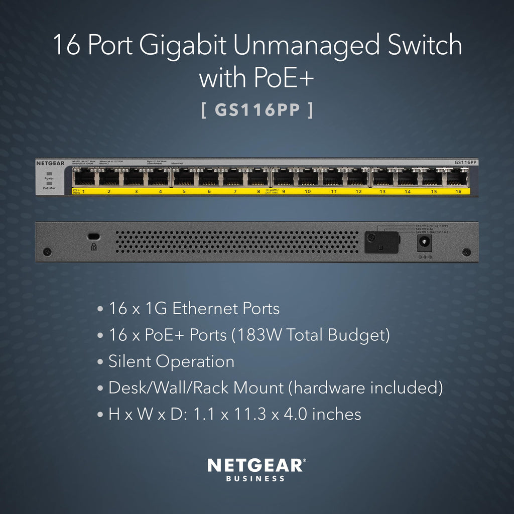 NETGEAR 16-Port Gigabit Ethernet Unmanaged PoE Switch (GS116PP) - with 16 x PoE+ @ 183W, Desktop, Wall Mount or Rackmount, and Limited Lifetime Protection