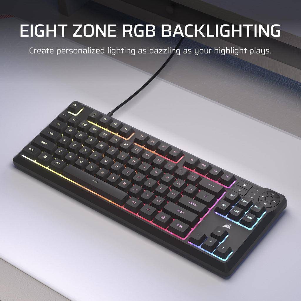 Corsair K55 CORE TKL RGB Gaming Keyboard – Tenkeyless, 8-Zone RGB, Quiet Membrane Keys, Spill Resistant, Media Keys, 1000Hz Polling – NA Layout – Black