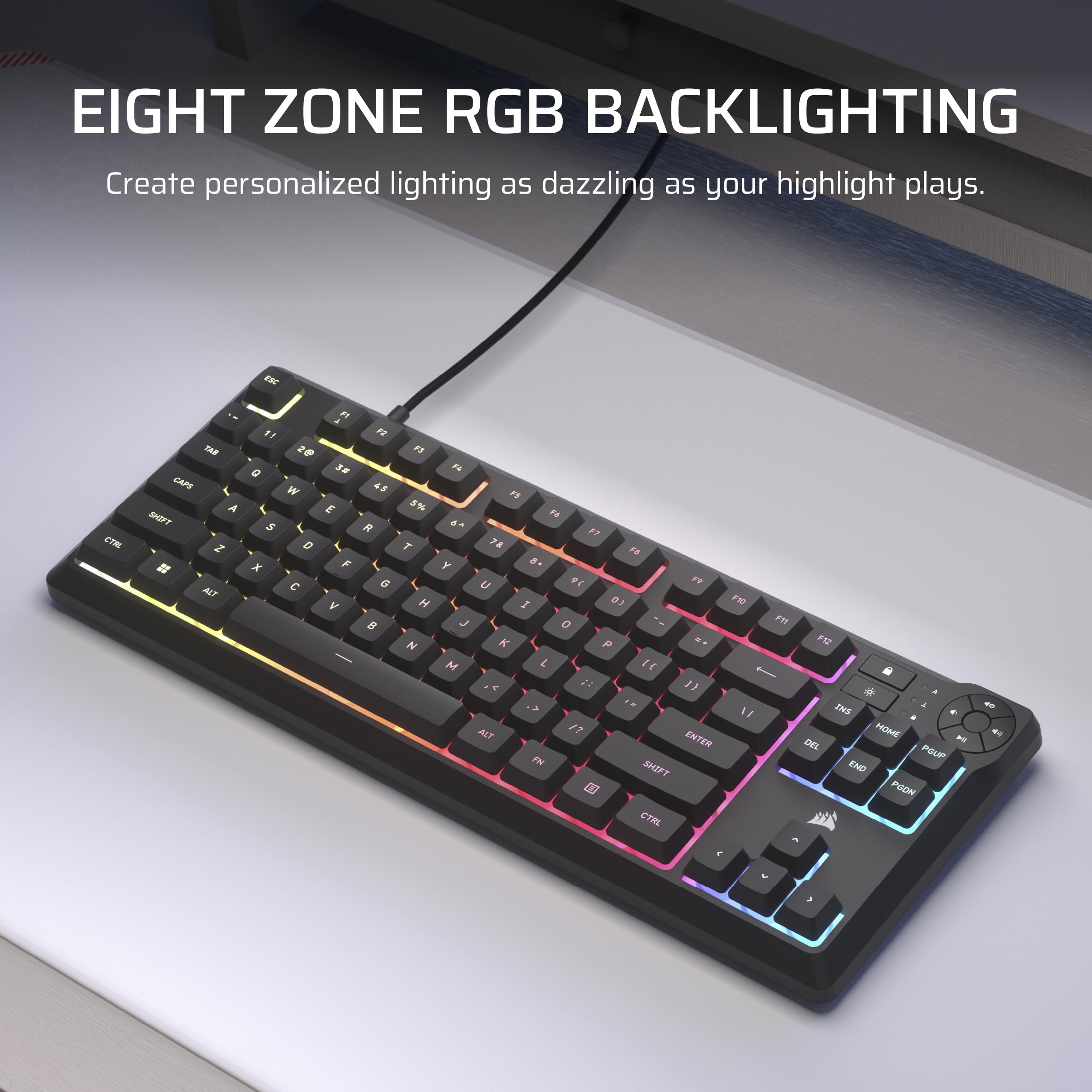 Corsair K55 CORE TKL RGB Gaming Keyboard – Tenkeyless, 8-Zone RGB, Quiet Membrane Keys, Spill Resistant, Media Keys, 1000Hz Polling – NA Layout – Black