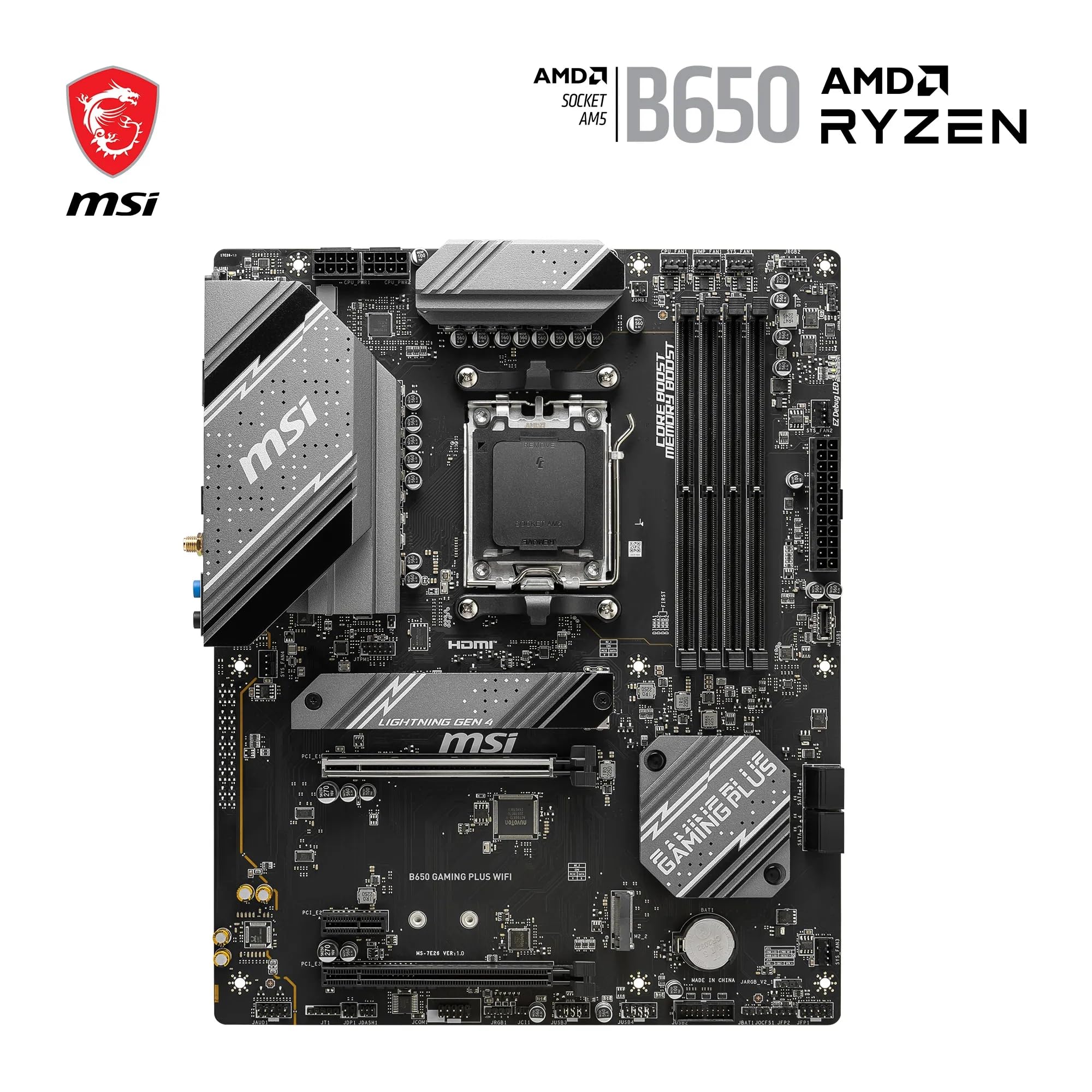 MSI B650 GAMING PLUS WIFI Motherboard, ATX - Supports AMD Ryzen 9000/8000 / 7000 Series Processors, AM5-14+2 Duet Rail VRM, DDR5 Memory Boost 6400+MHz/OC, 2 x PCIe 4.0 x16, 2 x M.2 Gen4, Wi-Fi 6E