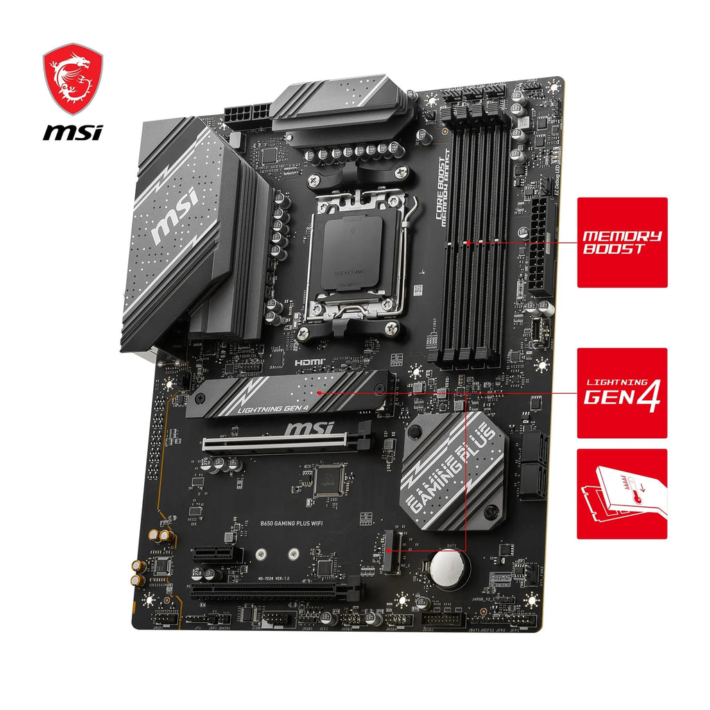 MSI B650 GAMING PLUS WIFI Motherboard, ATX - Supports AMD Ryzen 9000/8000 / 7000 Series Processors, AM5-14+2 Duet Rail VRM, DDR5 Memory Boost 6400+MHz/OC, 2 x PCIe 4.0 x16, 2 x M.2 Gen4, Wi-Fi 6E