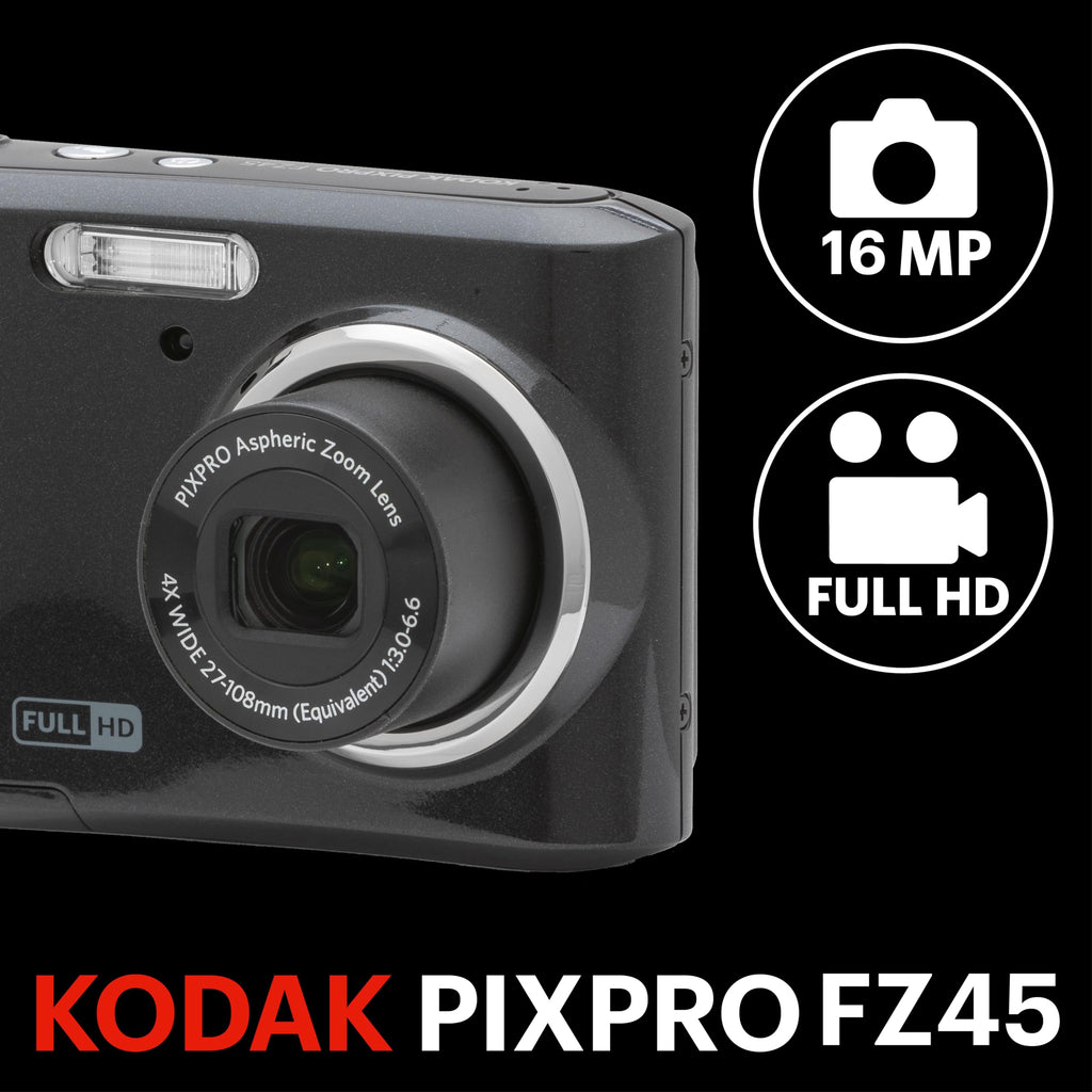 KODAK Pixpro FZ45-16.44 Megapixel Compact Digital Camera, 4x Optical Zoom, 2.7-inch LCD Screen, 720p HD Video, AA Battery Included - Black