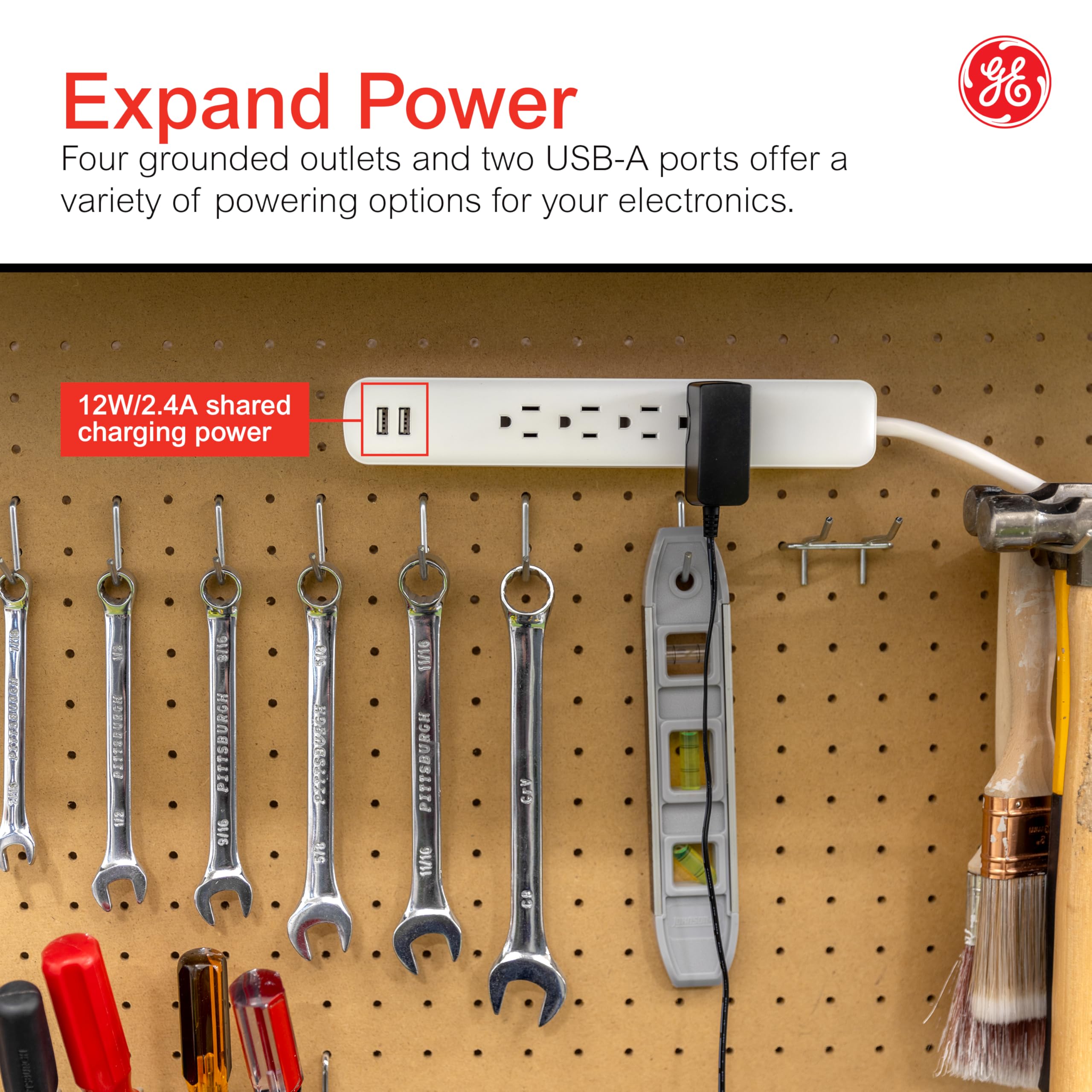 GE 4-Outlet Surge Protector, 2 USB Ports, 3 Ft Power Cord, 560 Joules, Flat Plug, Automatic Shutdown Technology, Circuit Breaker, Warranty, UL Listed, Black, 37212