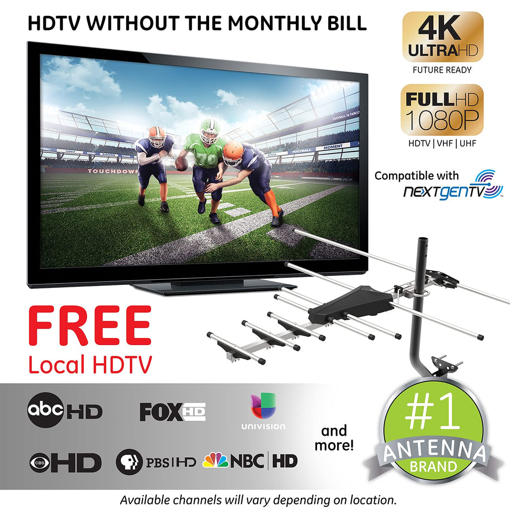 GE Outdoor HD Digital TV Antenna, Long Range OTA HDTV Antenna, Yagi Style Design, Supports 4K 1080P HD Smart TV VHF UHF, J Mount Included for Attic or Outdoor, Weather Resistant, 33685