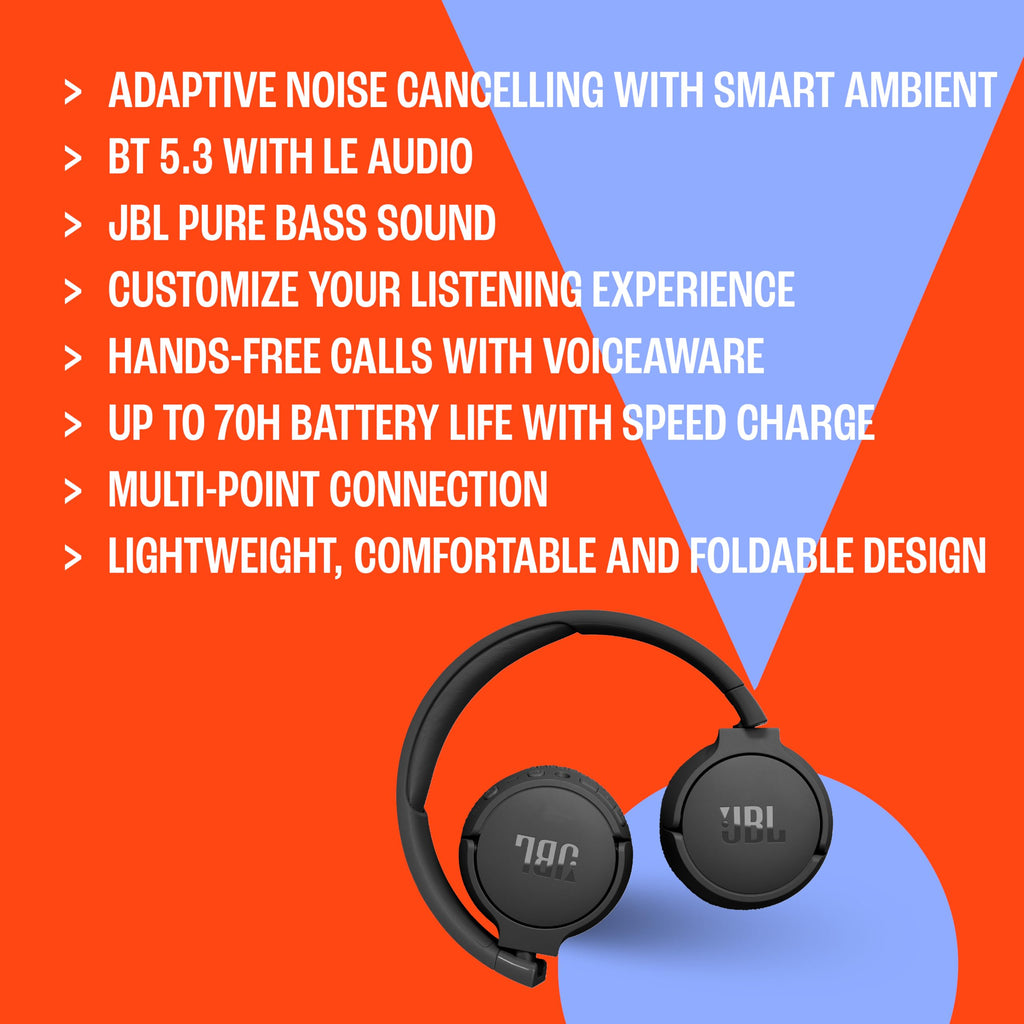 JBL Wireless Headphones, Bluetooth Connection, Black, Model TUNE670NC-NEG