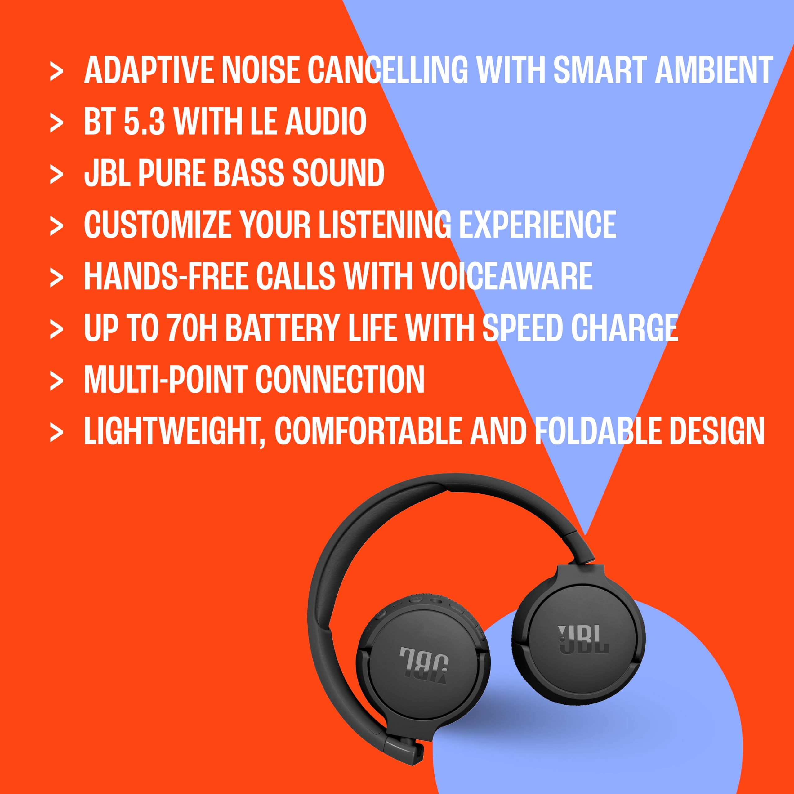 JBL Wireless Headphones, Bluetooth Connection, Black, Model TUNE670NC-NEG