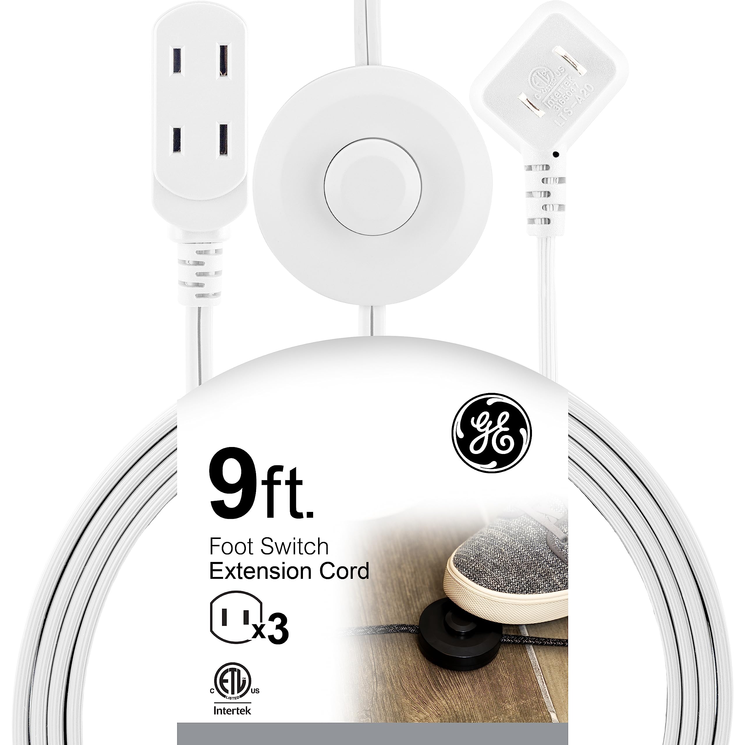 GE Extension Cord with Footswitch 3 Outlet Extension Cord with Multiple Outlets with On Off Switch Perfect for Work from Home Essentials 9ft Power Cord 16 Gauge UL Listed White 42803