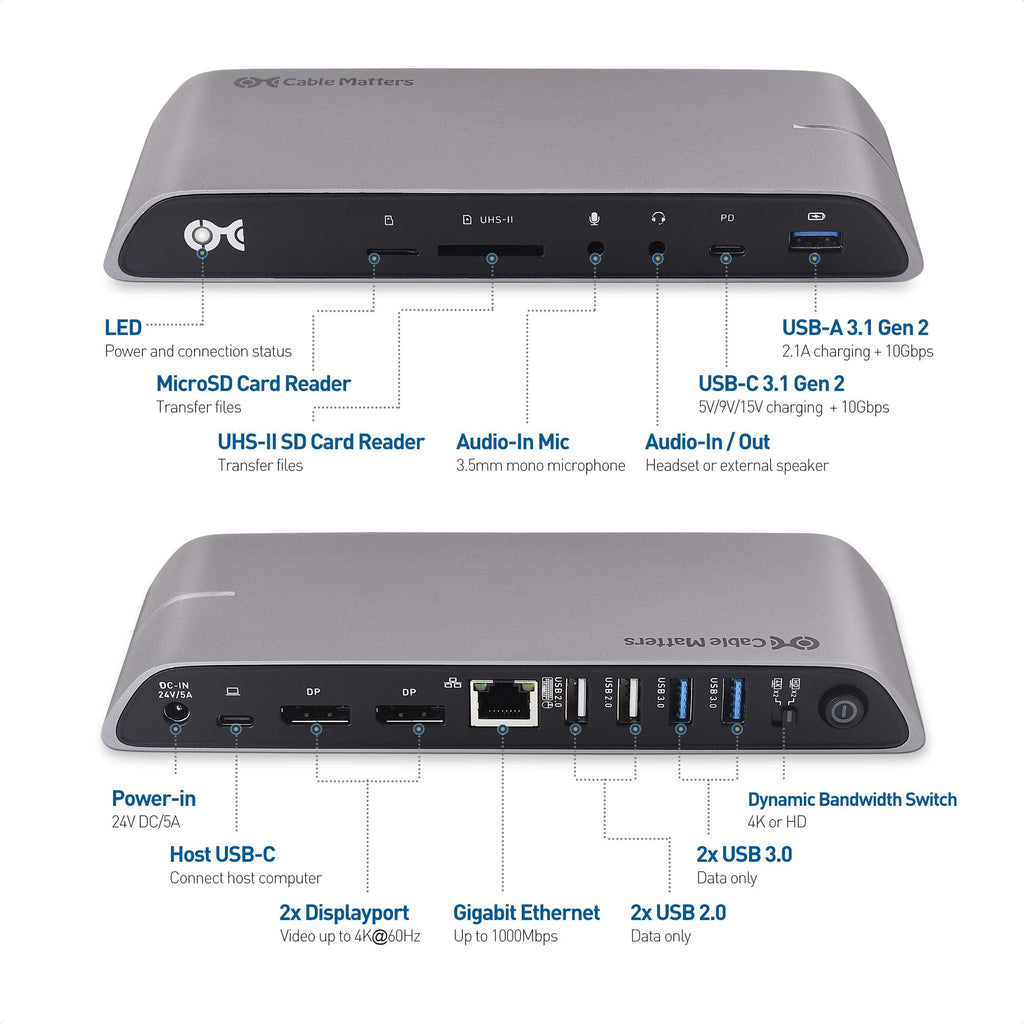 Cable Matters 10Gbps USB C Dock (USB C Docking Station) with Dual 4K HDMI and 80W Charging for Windows - USB-C & Thunderbolt 3 Port Compatible - Supports One External Display with MacBook Pro