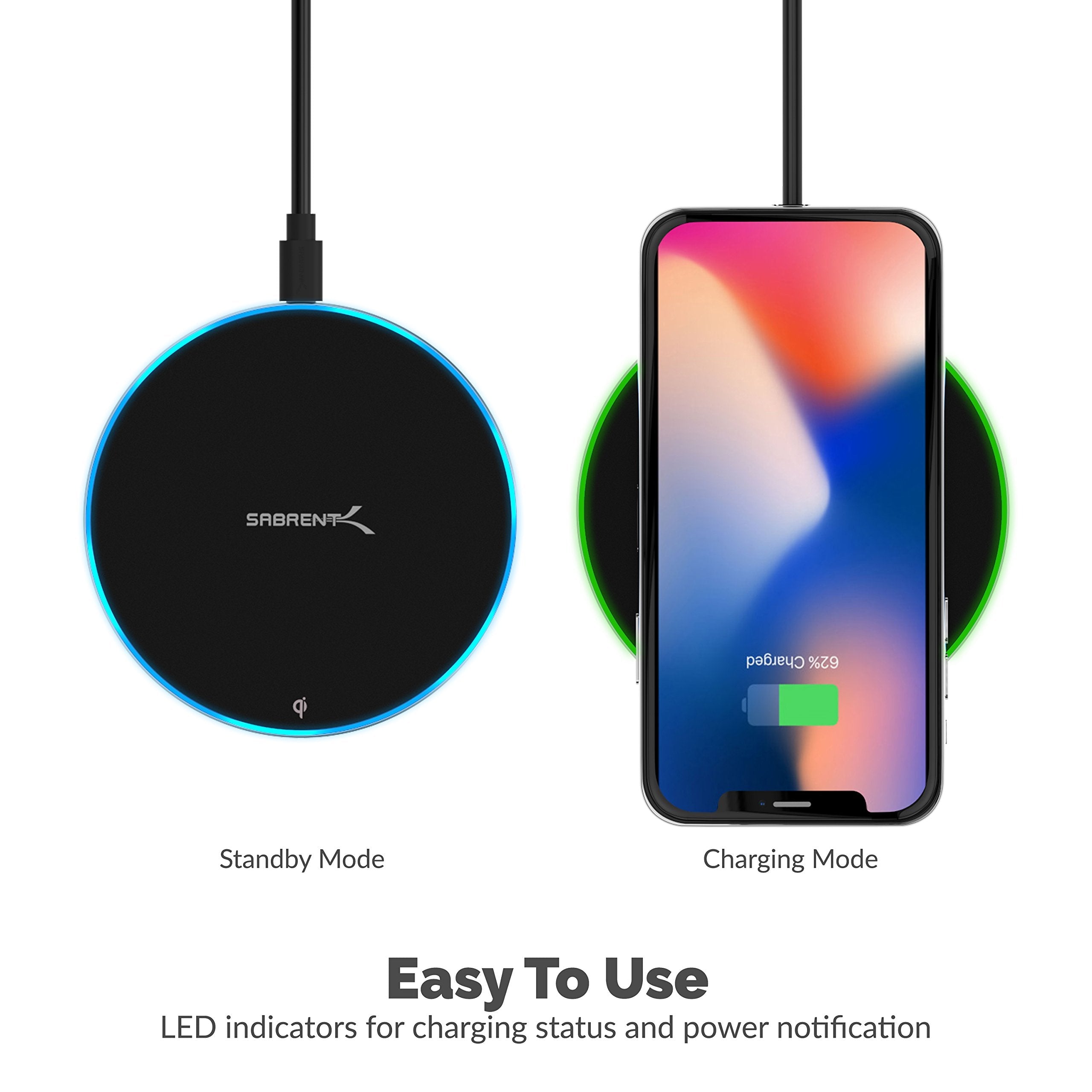 Sabrent 10W qi Wireless Fast Charger Charging Pad, Universally Compatible with All qi Enabled Phones [AC Adapter Not Included] Black (WL-QIFC)