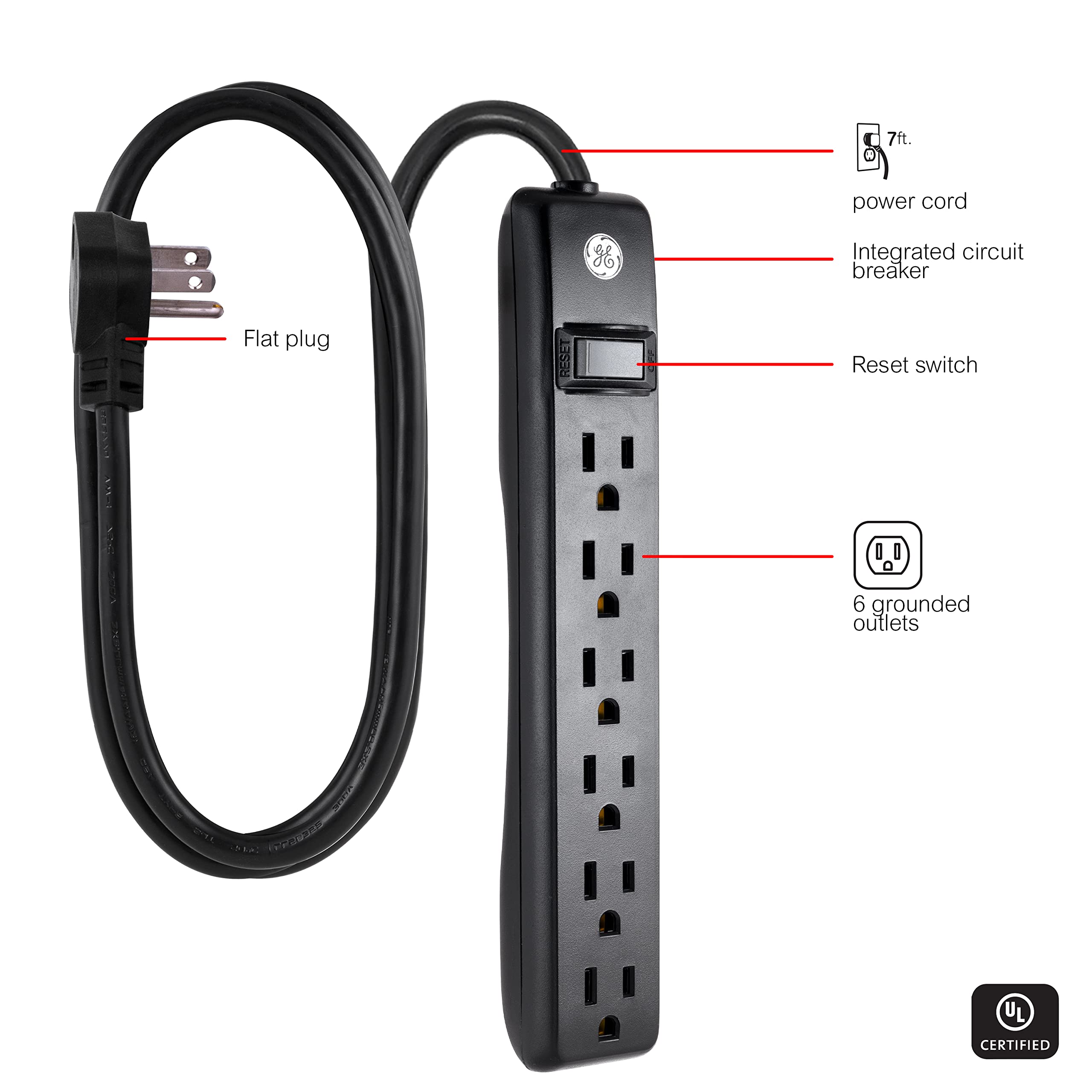 GE 6-Outlet Power Strip, 7 Ft Extension Cord, Flat Plug, Grounded, Integrated Circuit Breaker, 3-Prong, Wall Mount, UL Listed, Black, 37816