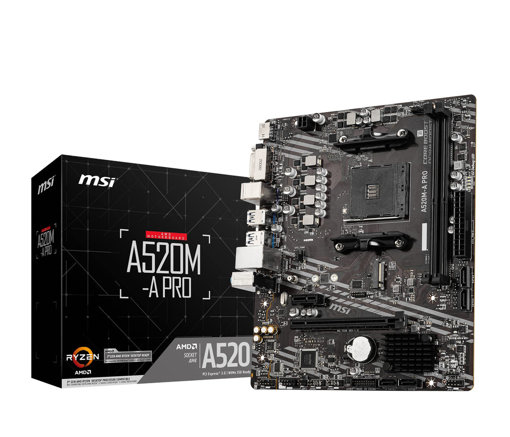 MSI A520M-A PRO V1 Gaming Motherboard (AMD Ryzen 5000, AM4, DDR4, PCIe 3.0, SATA 6Gb/s, M.2, USB 3.2 Gen 1, DVI/HDMI, Micro-ATX)