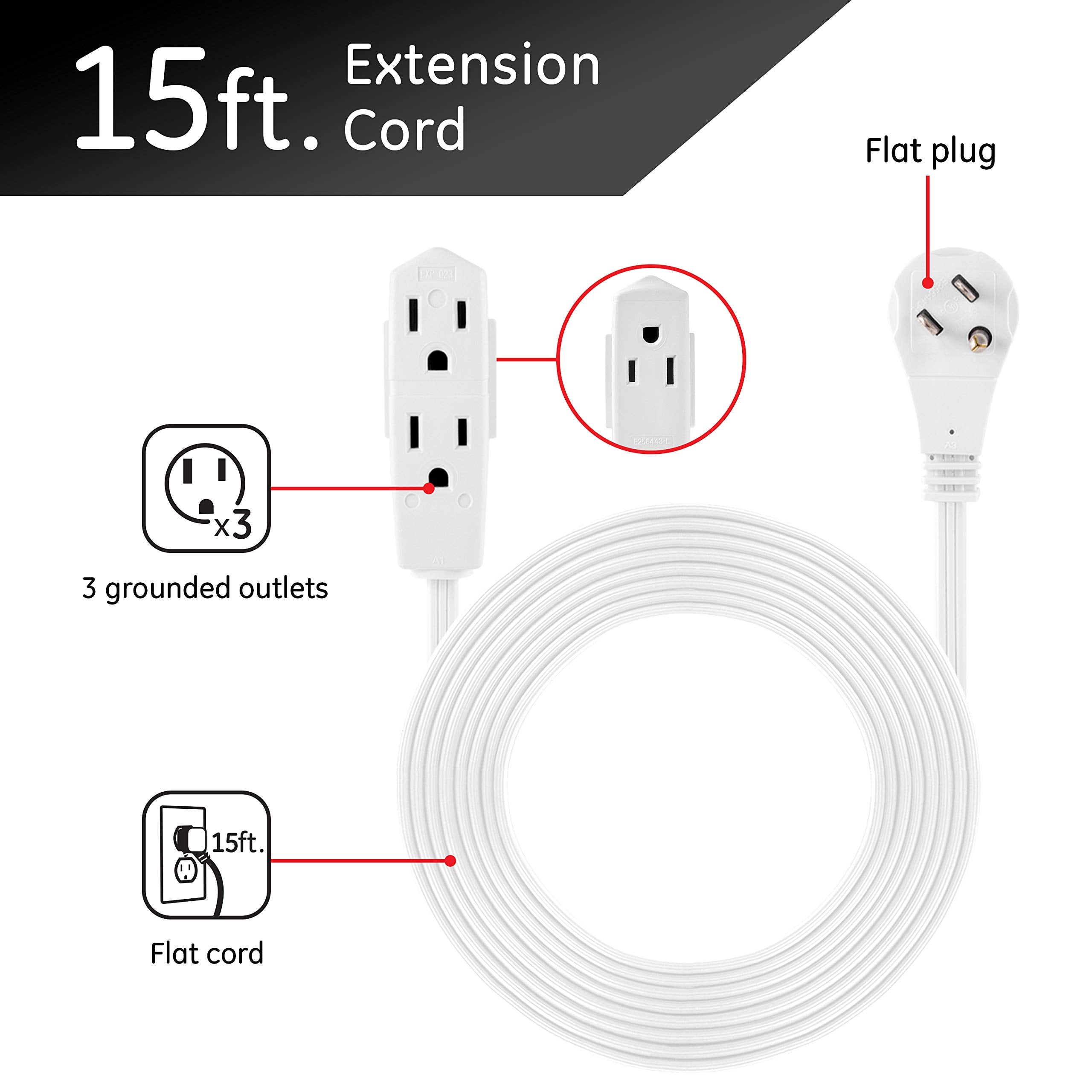 GE Indoor Extension Cord, 15 Ft Power Cable, 3 Grounded Outlets, 3-Prong, Low-Profile Flat Plug, 16 Gauge, UL Listed, White, 56986
