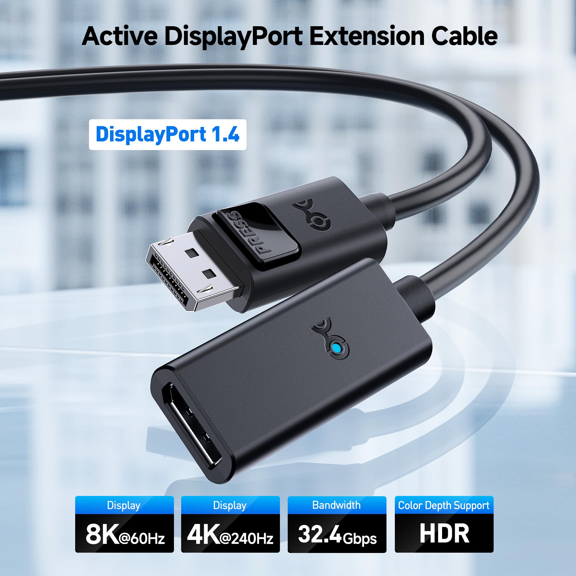 Cable Matters Active DisplayPort to DisplayPort Extension Cable - 10ft, Supports 8K 60Hz, 4K 240Hz DP Extension Cable 1.4, DP Male to Female