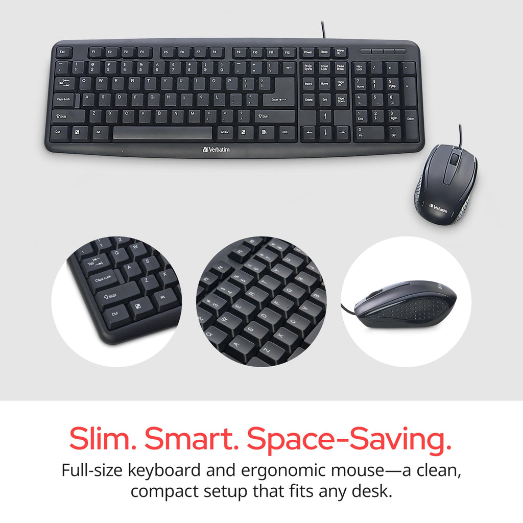 Verbatim Slimline Wired Keyboard and Mouse Combo USB Plug-and-Play Numeric Keypad Adjustable Tilt Legs Optical Corded Mouse Full-Size Computer Keyboard Compatible with PC, Laptop - FFP Packaging Black