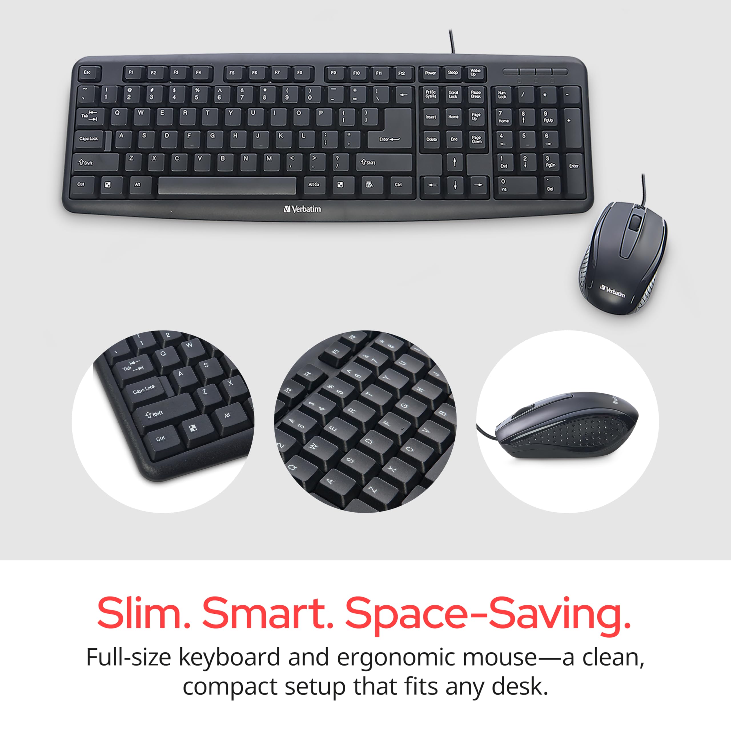 Verbatim Slimline Wired Keyboard and Mouse Combo USB Plug-and-Play Numeric Keypad Adjustable Tilt Legs Optical Corded Mouse Full-Size Computer Keyboard Compatible with PC, Laptop - FFP Packaging Black