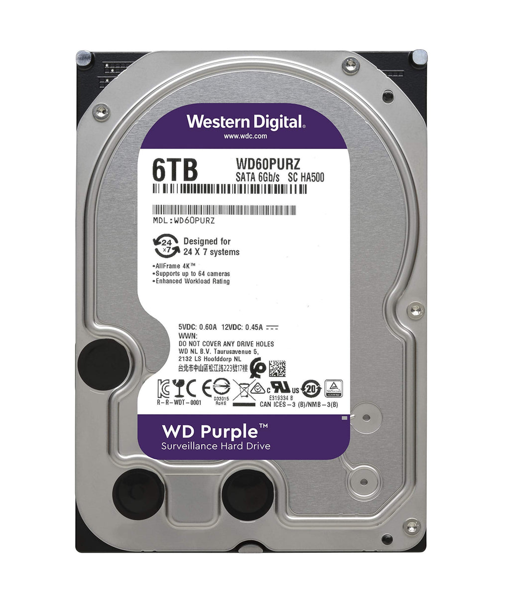 Western Digital Purple 6TB Surveillance 3.5 Inch SATA 6 Gb/s Hard Disk Drive with Allframe 4K Technology - 180TB/yr, 64MB Cache, 5400rpm - WD60PURZ