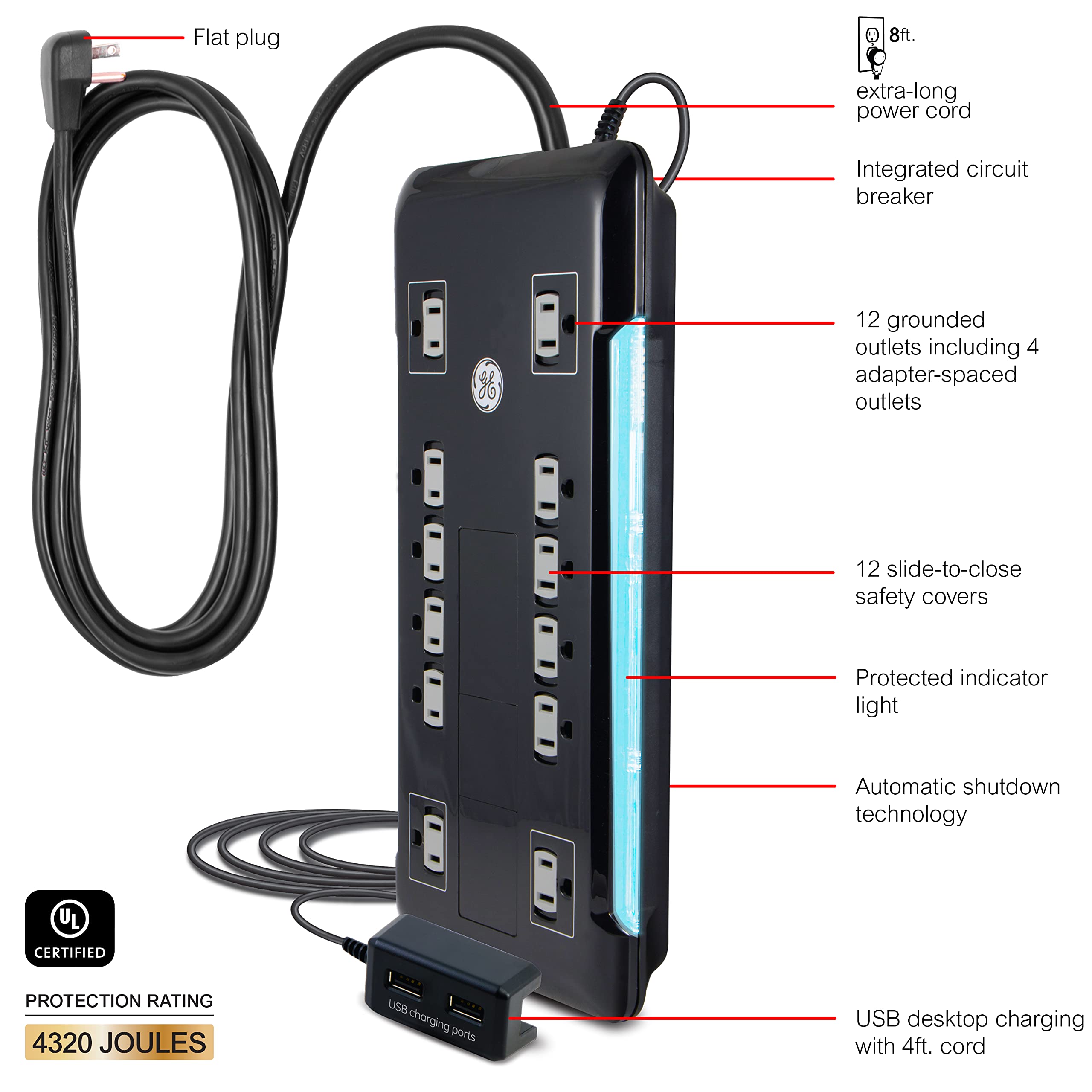 GE UltraPro 12-Outlet Surge Protector, Tethered 2 USB Ports, 8 Ft Power Cord, 4320 Joules, Flat Plug, Power Filter, Circuit Breaker, Warranty, UL Listed, Black, 11824