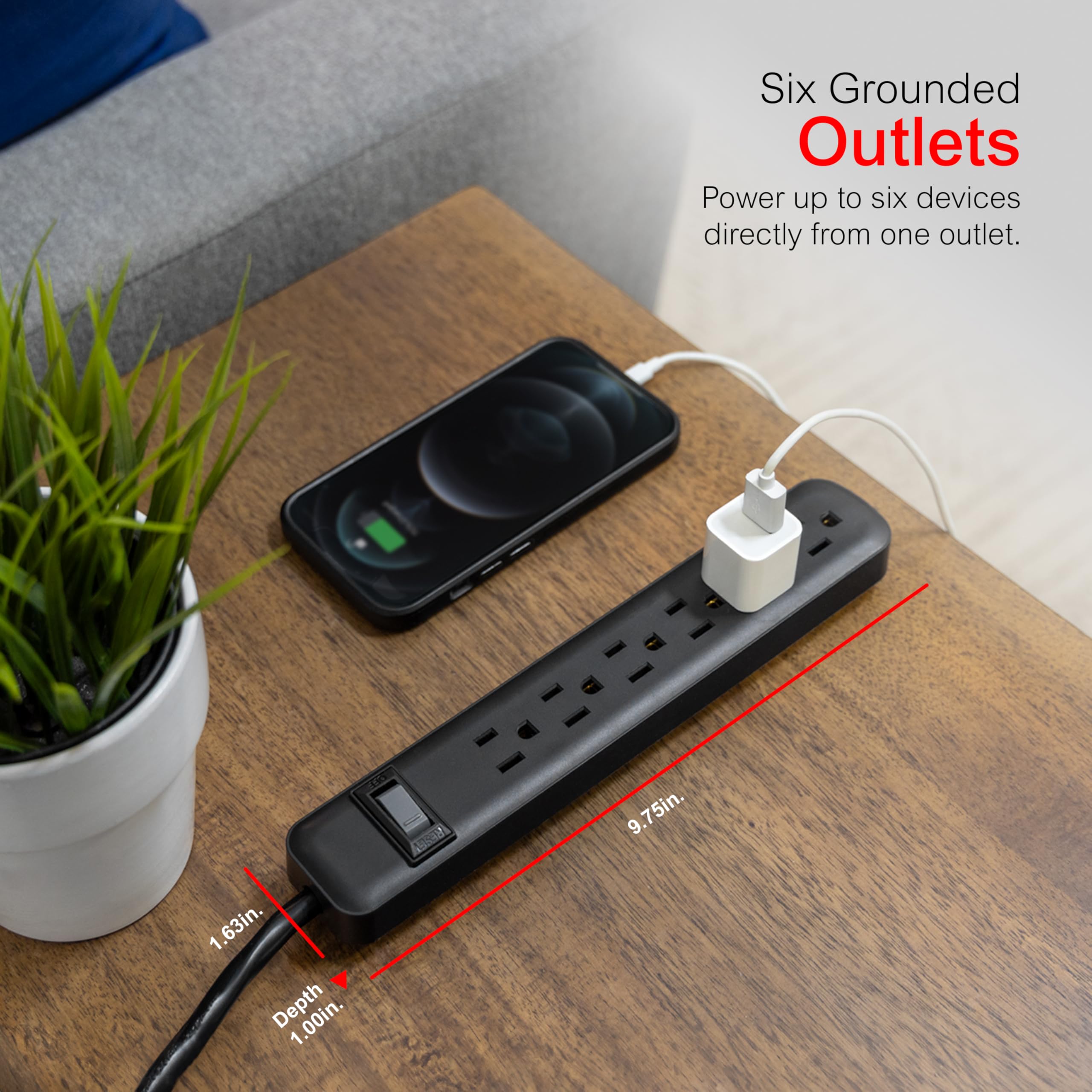 GE 6-Outlet General Purpose Power Strip, 6-Ft Cord, Black, 14088