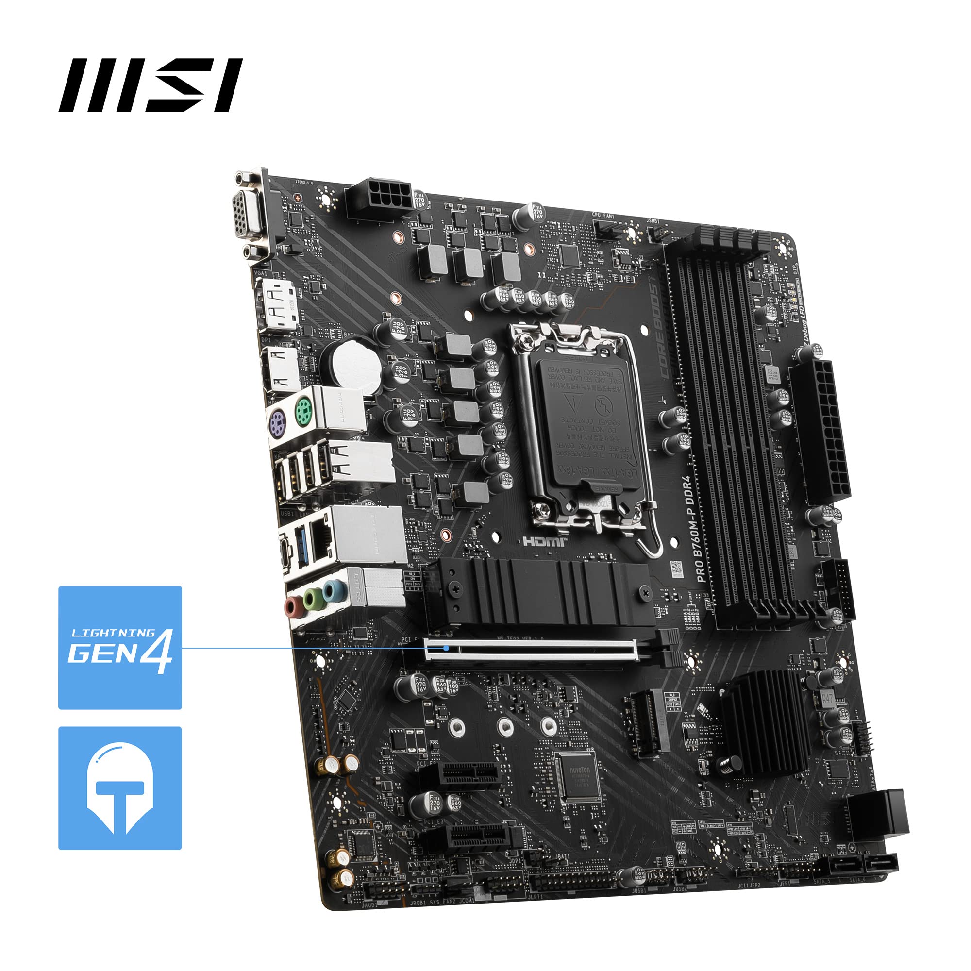 MSI PRO B760M-P DDR4 Motherboard, Micro-ATX - Supports Intel 14th, 13th & 12th Gen Core Processors, LGA 1700 - DDR4 Memory Boost 4800+MHz/OC, PCIe 4.0 x16 Slot, M.2 Gen4 Slots