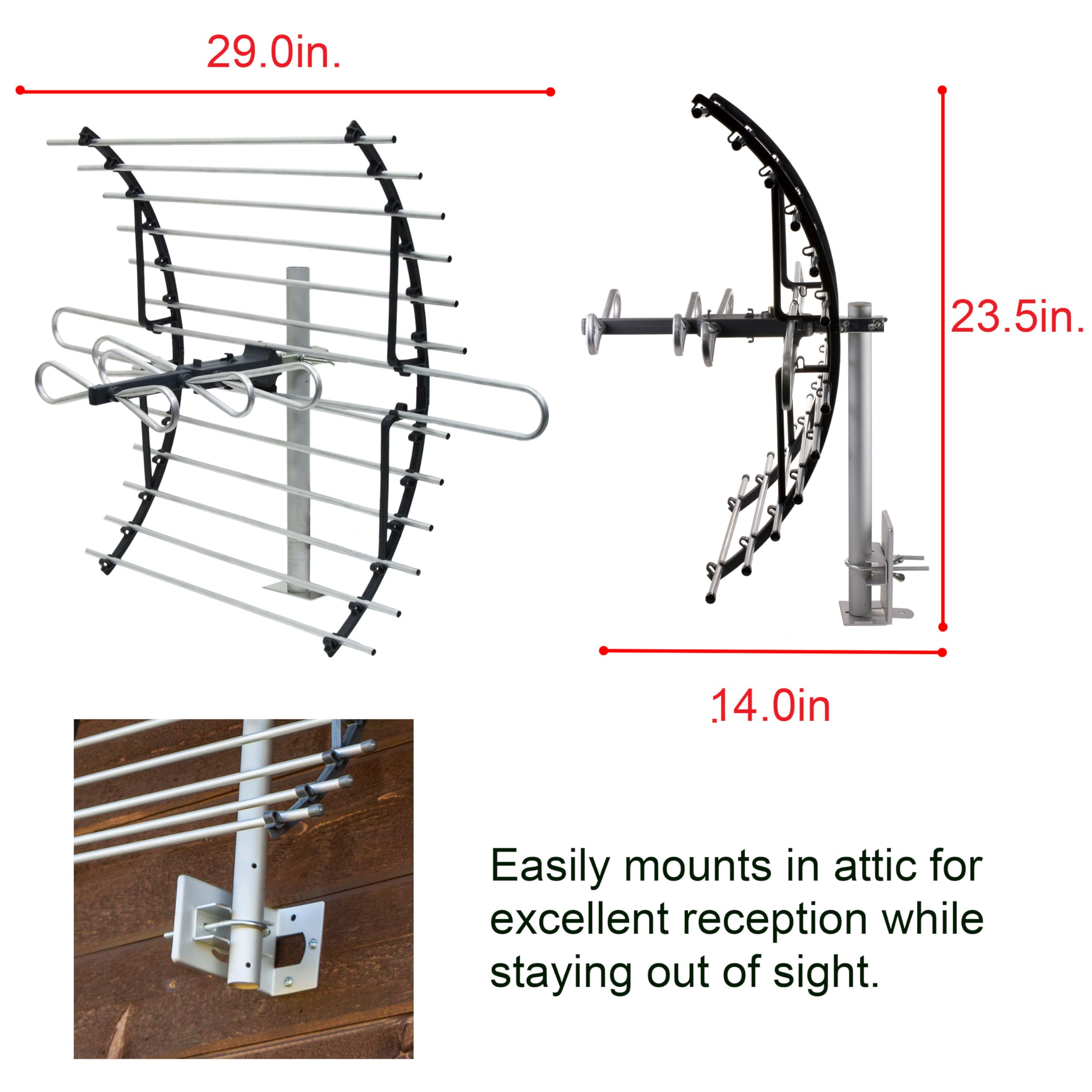 GE Attic Mount TV Antenna, Long Range Antenna, Supports 4K 1080P Digital HDTV VHF UHF, Indoor Directional Antenna, Mounting Pole Included, Out of Sight Compact Design, 33692