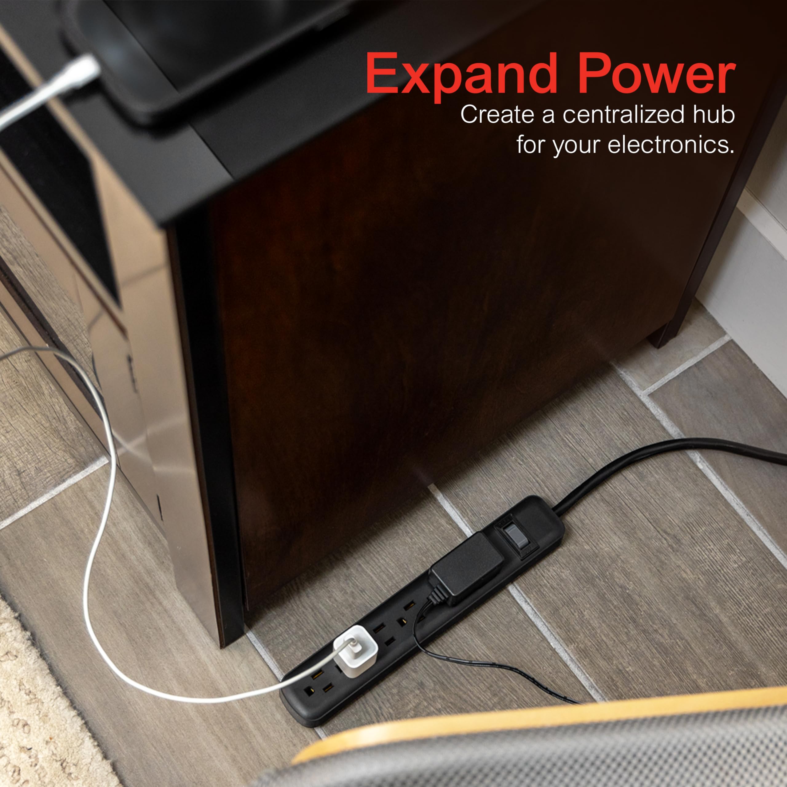 GE 6-Outlet Power Strip, 12 Ft Extension Cord, Flat Plug, Grounded, Integrated Circuit Breaker, 3-Prong, Wall Mount, UL Listed, Black, 45192