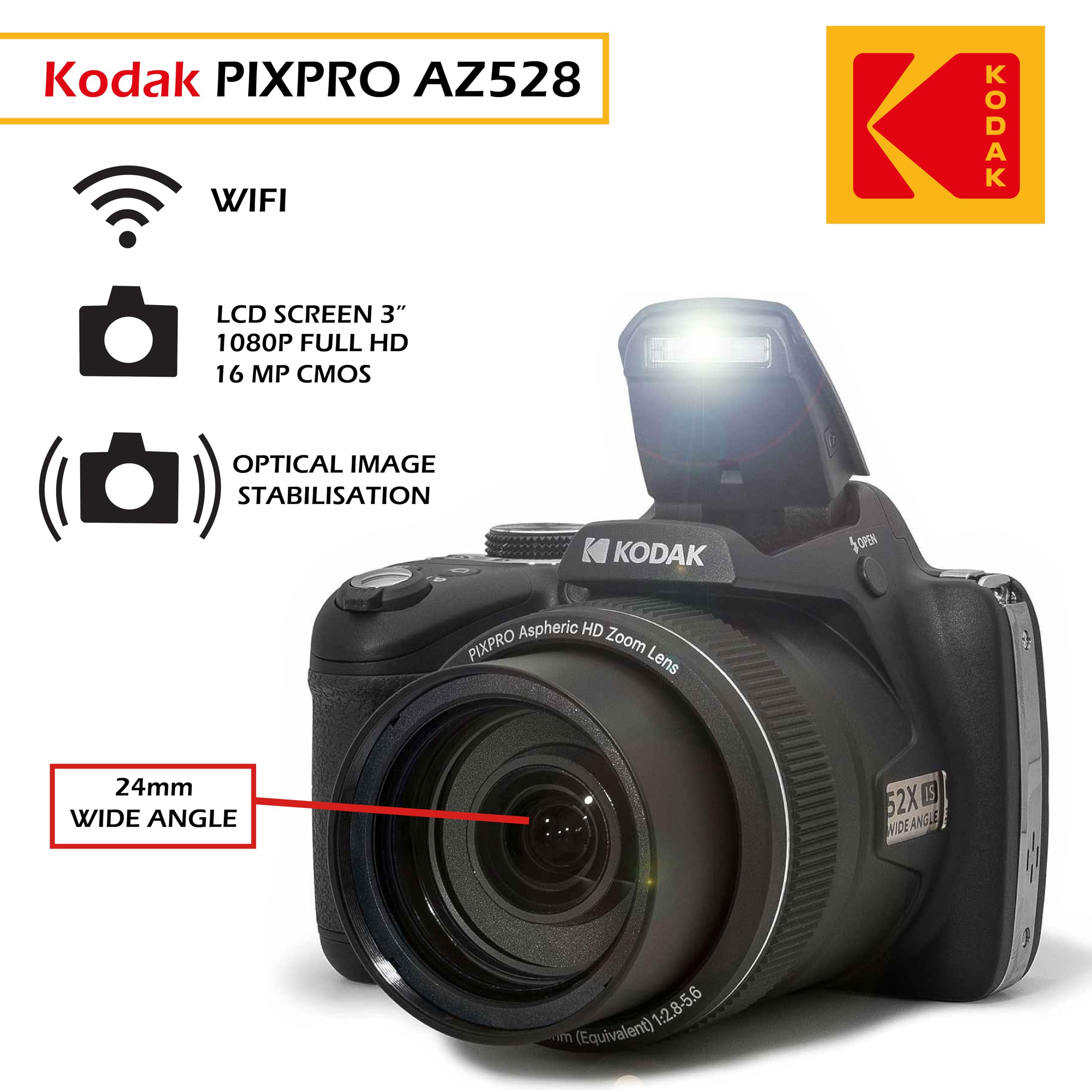 Kodak PIXPRO AZ528 16 MP Full HD Video Digital Camera (Black) with 52x Optical Zoom Bundle with Accessories Including Protective Camera Case, Battery & Charger, 32GB SD Card, Tripod and More