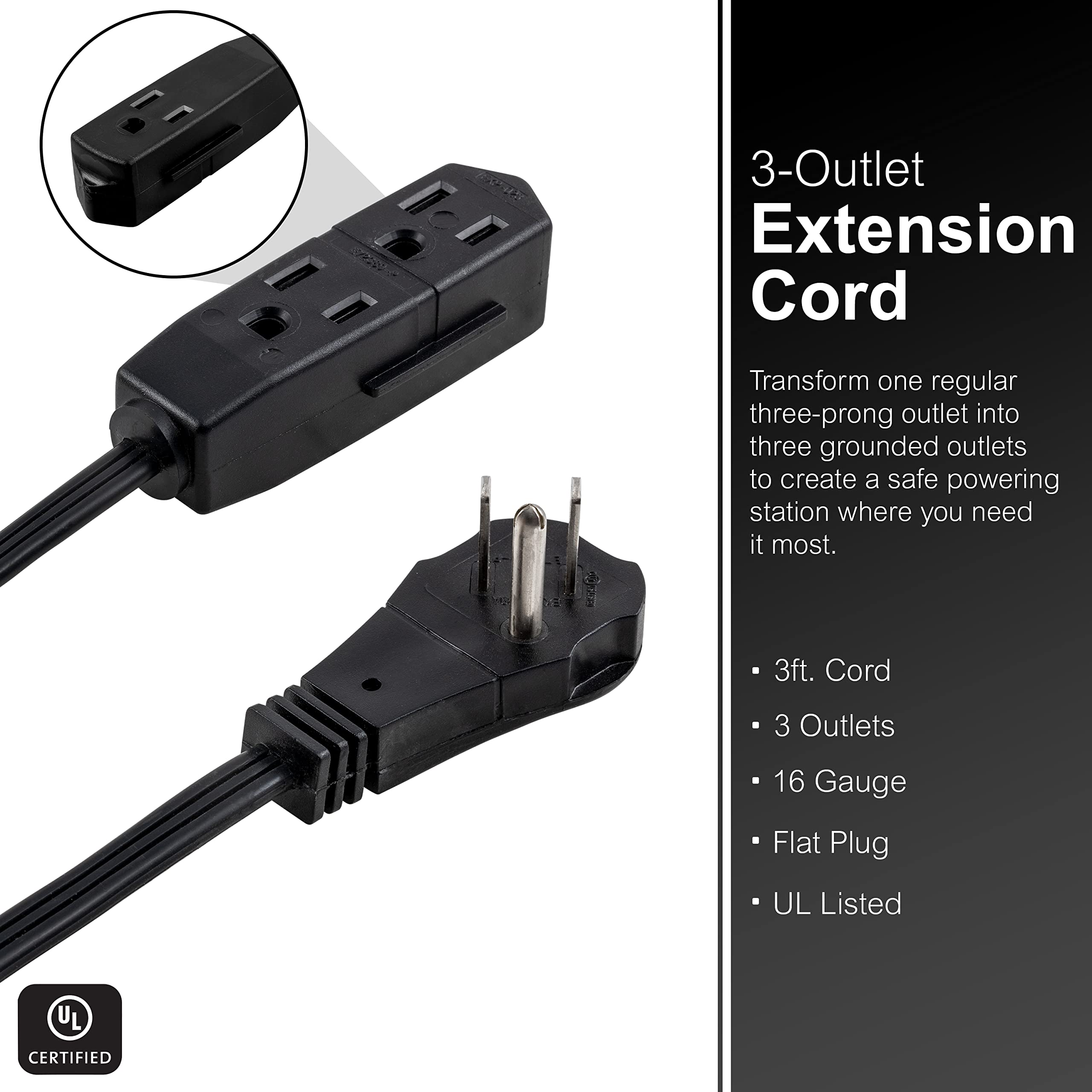 GE 3-Outlet Flat Extension Cord 3 Ft Grounded Extension Cord with Multiple Outlets 3 Prong Outlet Extender Flat Plug Power Strip Indoor Extension Cord 16 Gauge UL Listed Black 69877