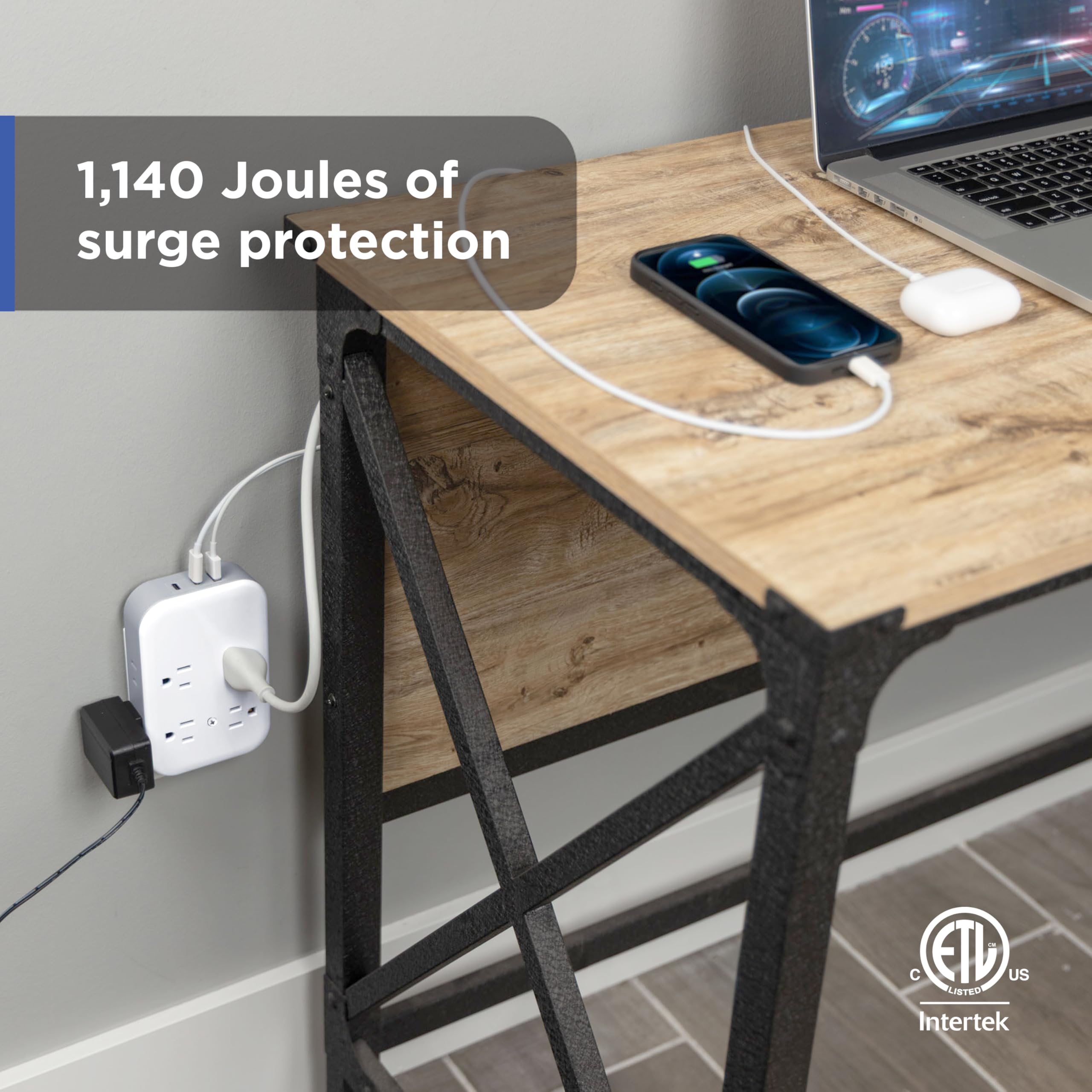 GE All-in-One Surge Protector Wall Tap, 8 Outlets (4 Grounded + 4 Polarized), 2 USB-C & 1 USB-A, 15W Shared, 1140J, Circuit Breaker, ETL Certified, White/Gray, 85633