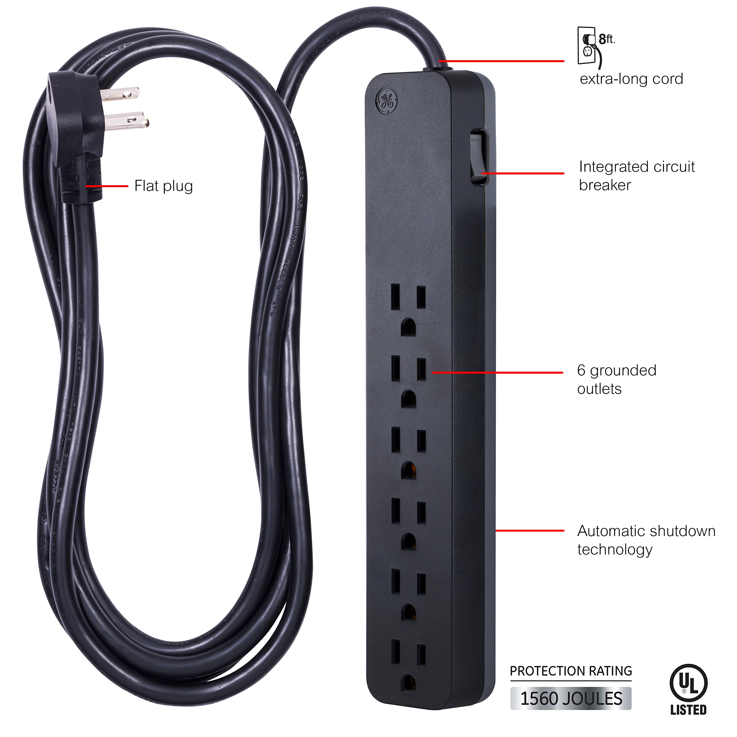 GE Pro 6-Outlet Surge Protector, 8 Ft Extension Cord, 1560 Joules, Power Strip, Flat Plug, Integrated Circuit Breaker, Wall Mount, UL Listed, Black, 37052