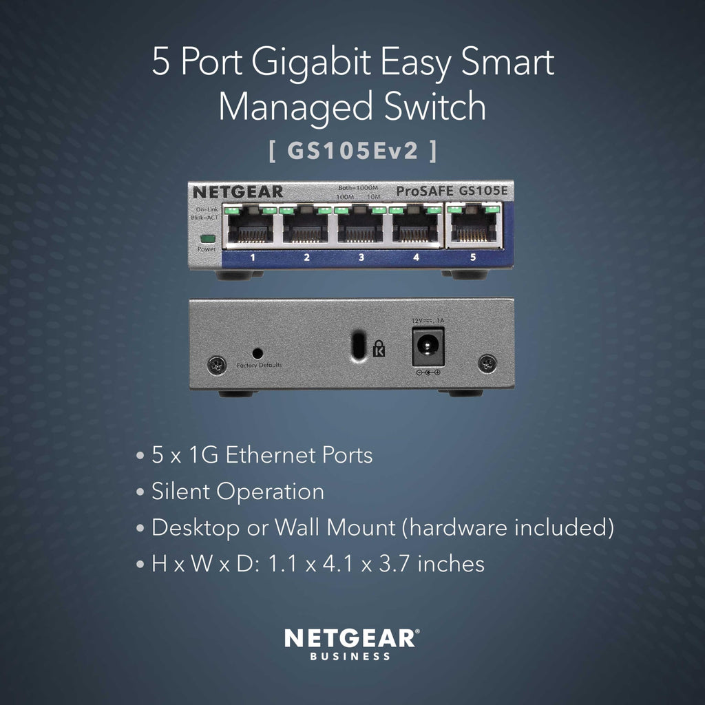 NETGEAR 5-Port Gigabit Ethernet Plus Switch (GS105Ev2) - Managed, Desktop or Wall Mount, and Limited Lifetime Protection
