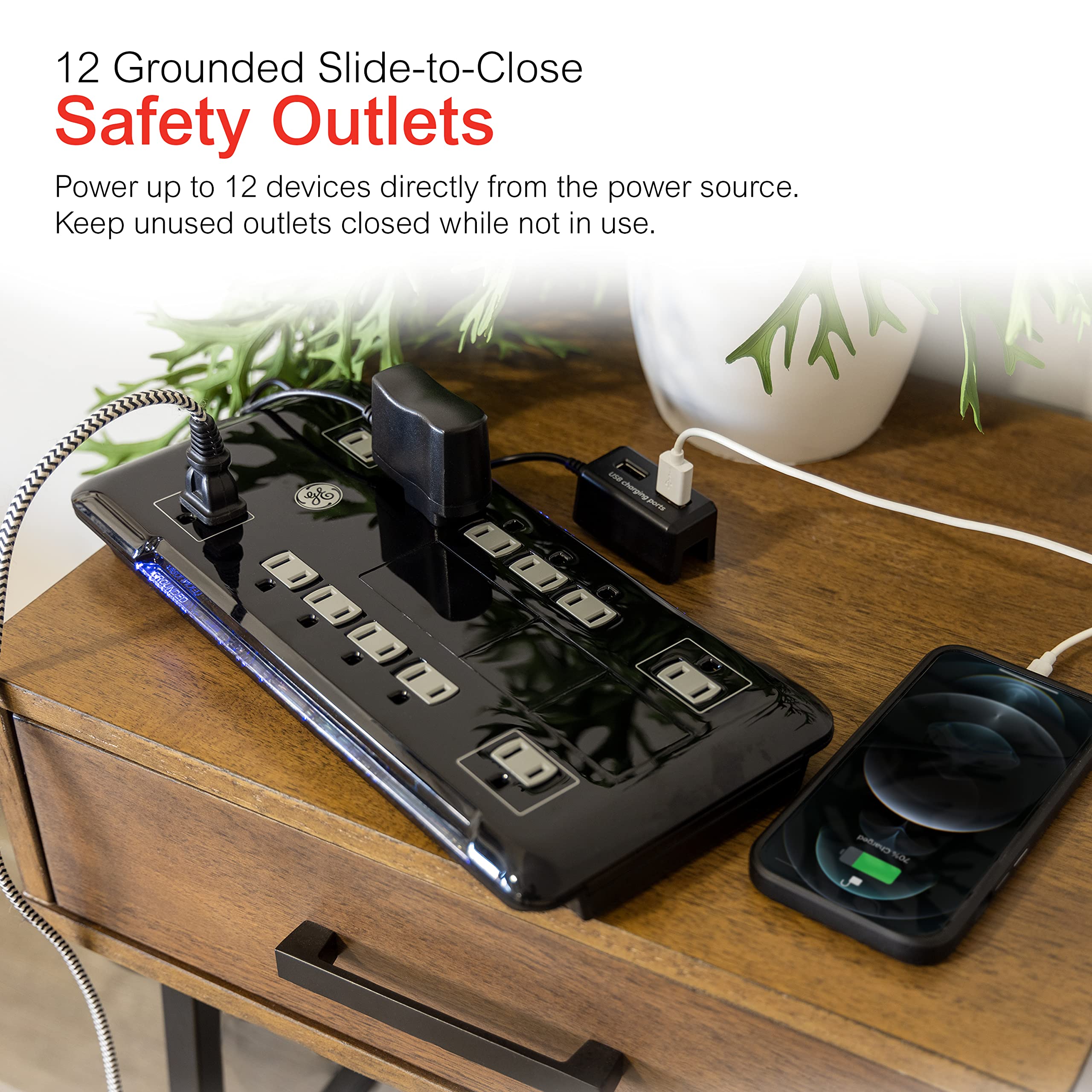 GE UltraPro 12-Outlet Surge Protector, Tethered 2 USB Ports, 8 Ft Power Cord, 4320 Joules, Flat Plug, Power Filter, Circuit Breaker, Warranty, UL Listed, Black, 11824