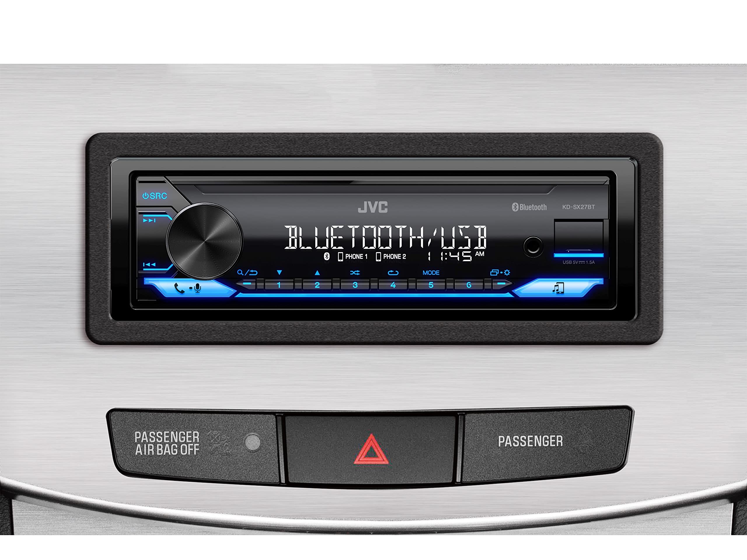 JVC KD-SX27BT Car Stereo with Bluetooth, 100W Digital Media Receiver, 1.5A USB to Charge Devices, Single DIN Head Unit, AM/FM, Aux-in, JVC Remote App