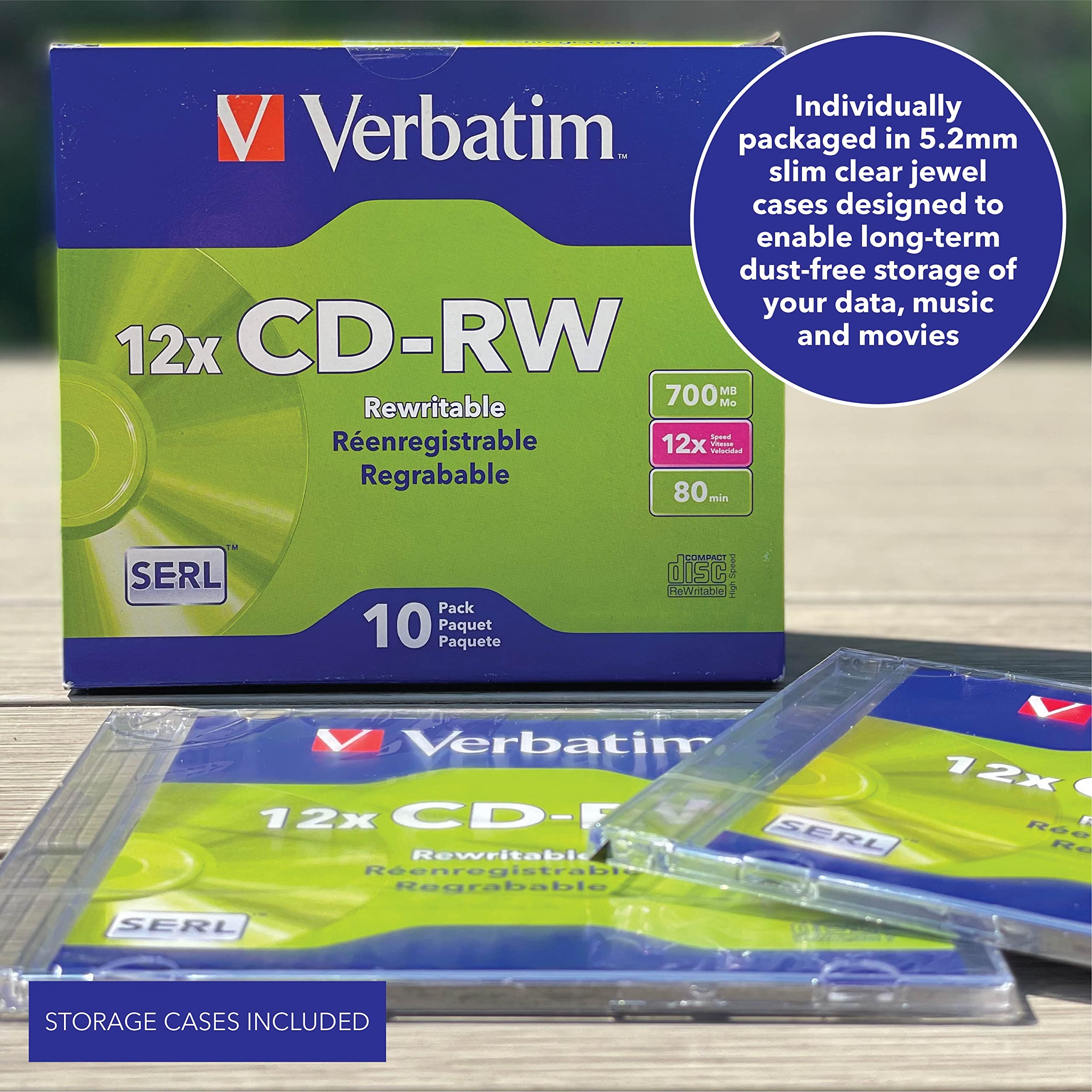 Verbatim CD-RW 80MIN 700MB 4X-12X High Speed Branded 10pk Slim Case CD-RW 700MB 10pcs(s) - Virgin CD-RW 700MB, 10pcs(s), 120mm, 120min, 12x)