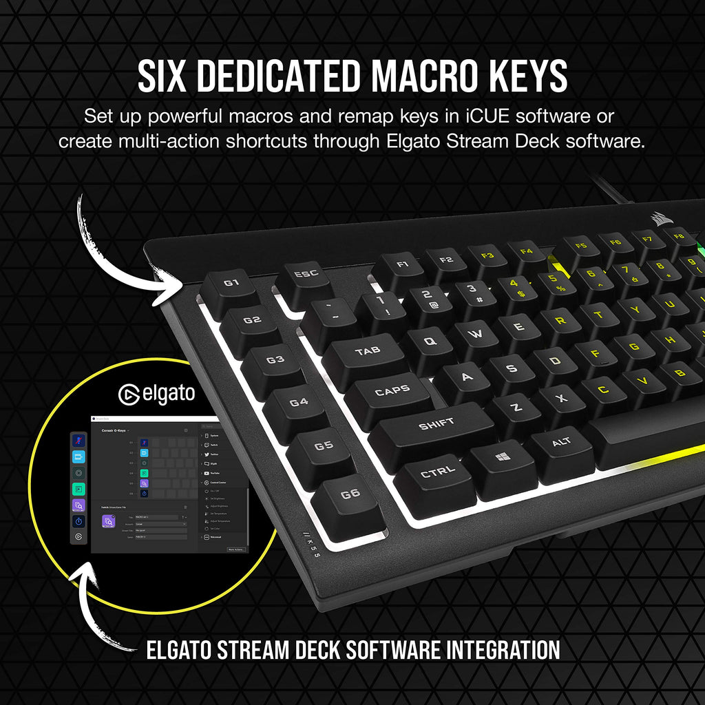 Corsair K55 RGB PRO Wired Gaming Keyboard Membrane � IP42 Anti-Dust and Overflow � 6 Macro Keys with Elgato Integration � Compatible with iCUE � QWERTY NA � PC, Mac, Xbox � Black
