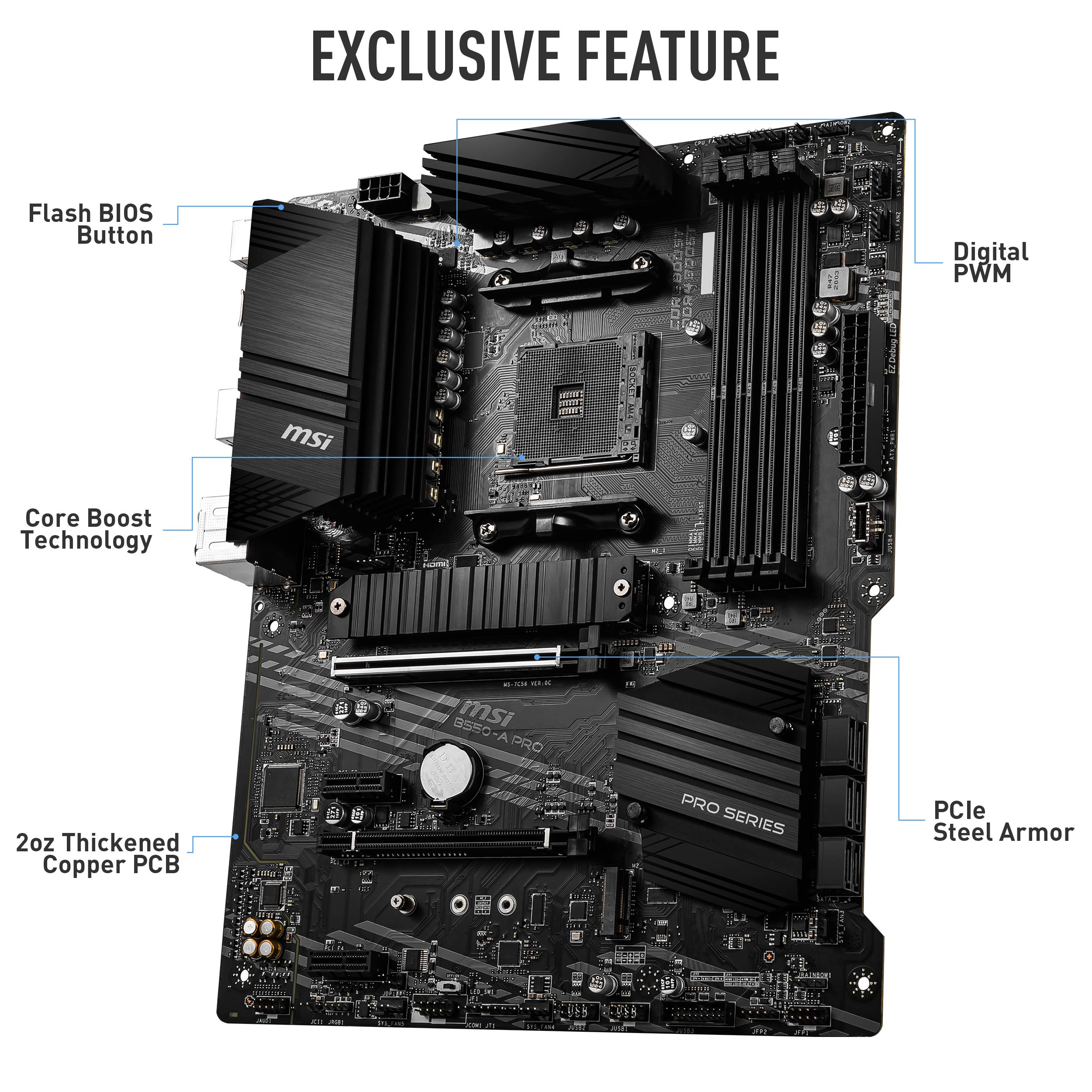 MSI B550-A PRO Motherboard ATX - Supports AMD Ryzen 3rd Gen Processors, AM4, DDR4 Boost (4400MHz/OC), 1 x PCIe 4.0/3.0 x16, 1 x PCIe 3.0/3.0 x16, 1 x M.2 Gen4 x4, 1 x M.2 Gen3 x4, HDMI, Gigabit LAN