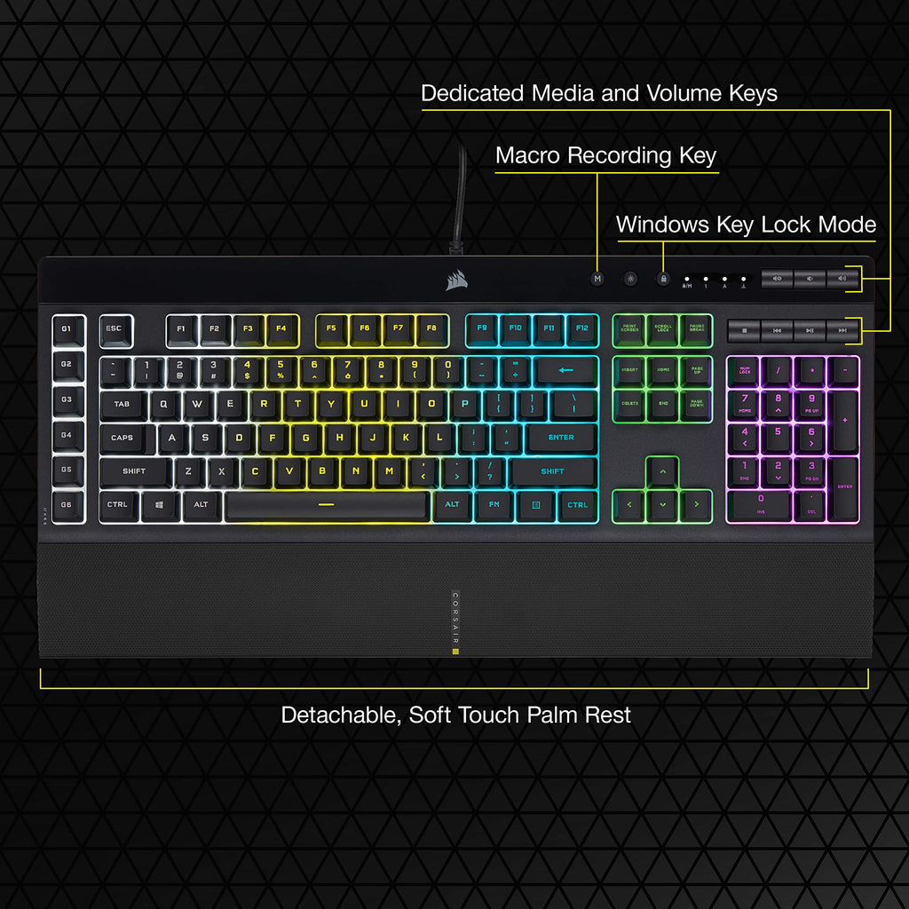 Corsair K55 RGB PRO Wired Gaming Keyboard Membrane � IP42 Anti-Dust and Overflow � 6 Macro Keys with Elgato Integration � Compatible with iCUE � QWERTY NA � PC, Mac, Xbox � Black