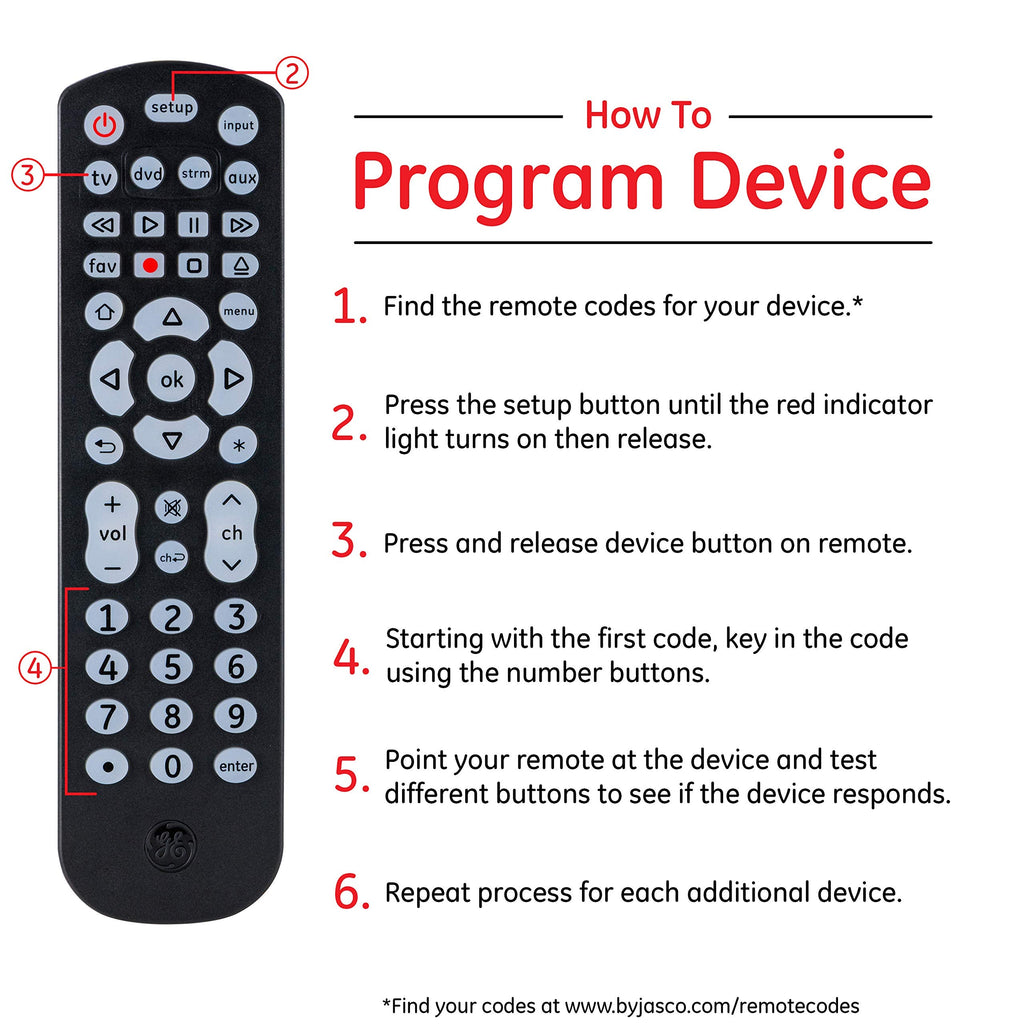 GE Universal Remote Control for Samsung, Vizio, LG, Sony, Sharp, Roku, Apple TV, TCL, Smart TV, Streaming Media Player, Blu-Ray Player, DVD Player, Easy Programming, 4-Device, Black, 40081