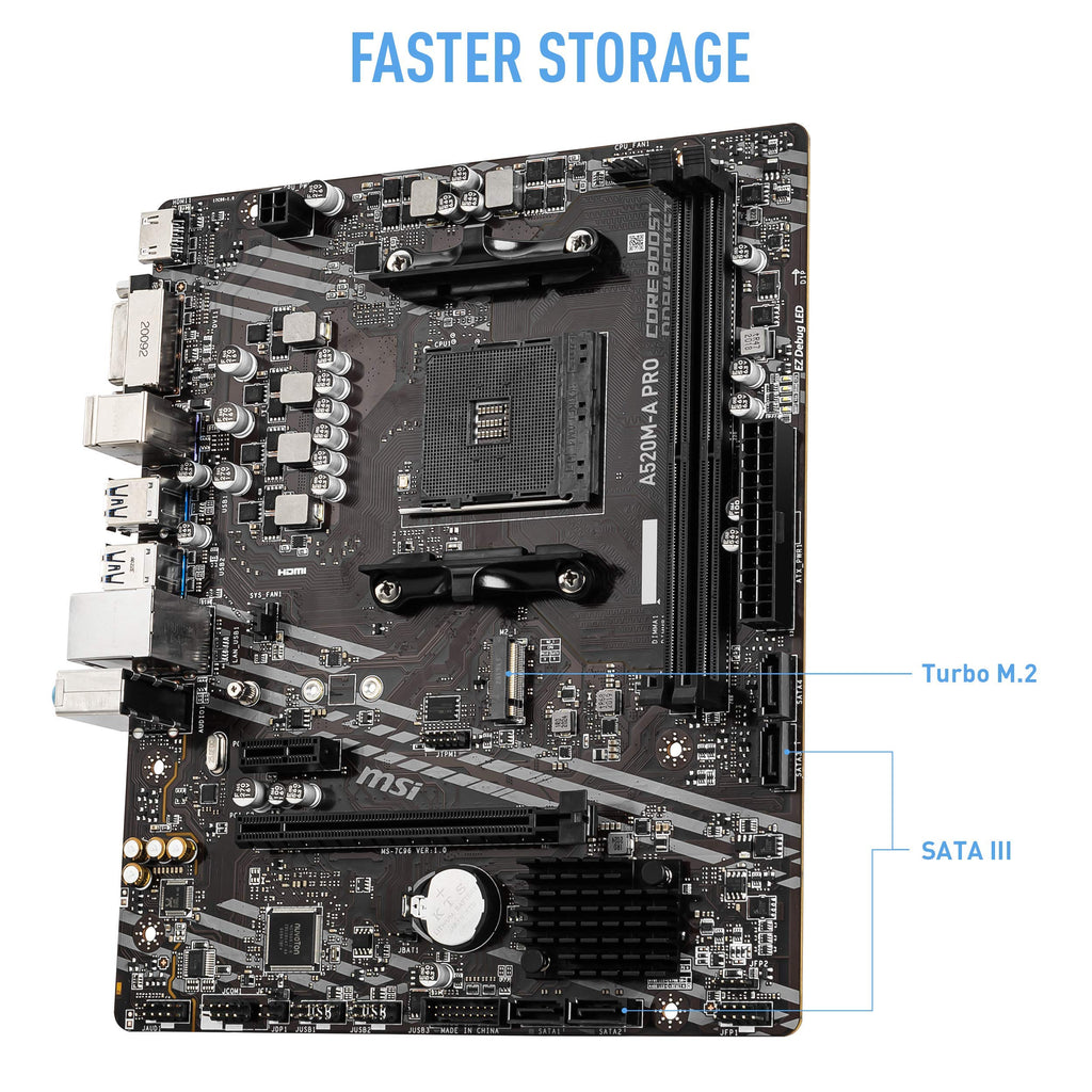 MSI A520M-A PRO V1 Gaming Motherboard (AMD Ryzen 5000, AM4, DDR4, PCIe 3.0, SATA 6Gb/s, M.2, USB 3.2 Gen 1, DVI/HDMI, Micro-ATX)