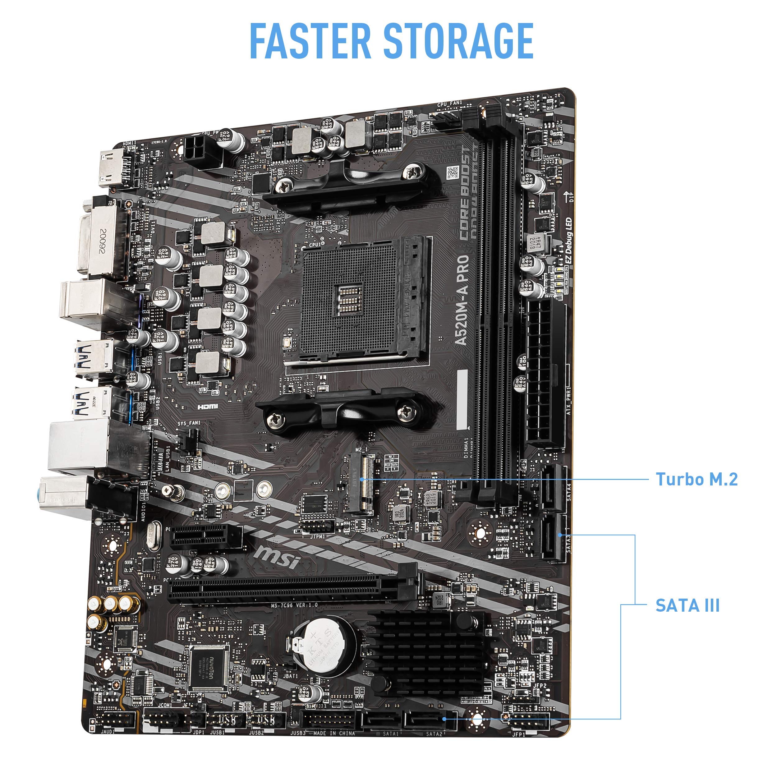 MSI A520M-A PRO V1 Gaming Motherboard (AMD Ryzen 5000, AM4, DDR4, PCIe 3.0, SATA 6Gb/s, M.2, USB 3.2 Gen 1, DVI/HDMI, Micro-ATX)