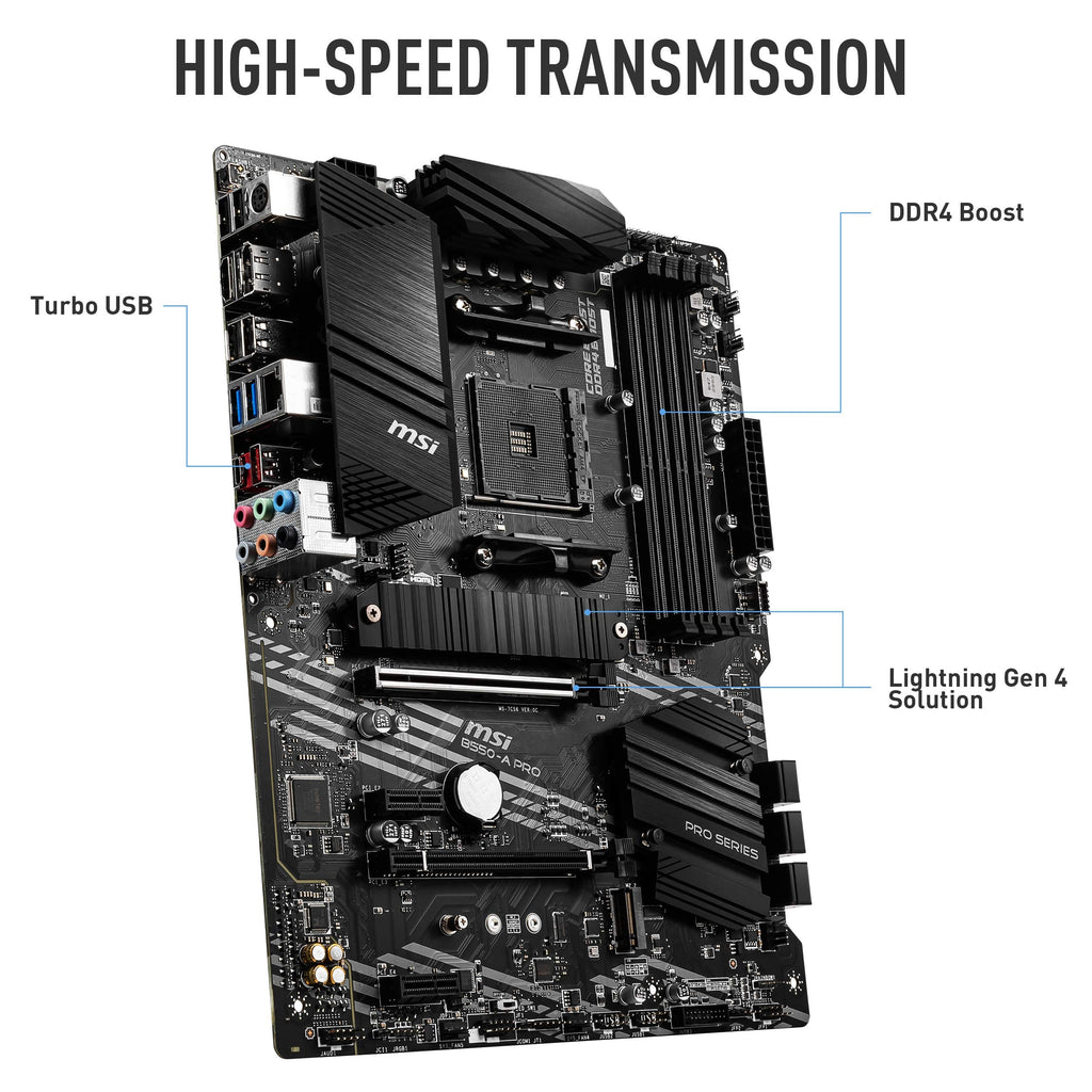 MSI B550-A PRO Motherboard ATX - Supports AMD Ryzen 3rd Gen Processors, AM4, DDR4 Boost (4400MHz/OC), 1 x PCIe 4.0/3.0 x16, 1 x PCIe 3.0/3.0 x16, 1 x M.2 Gen4 x4, 1 x M.2 Gen3 x4, HDMI, Gigabit LAN