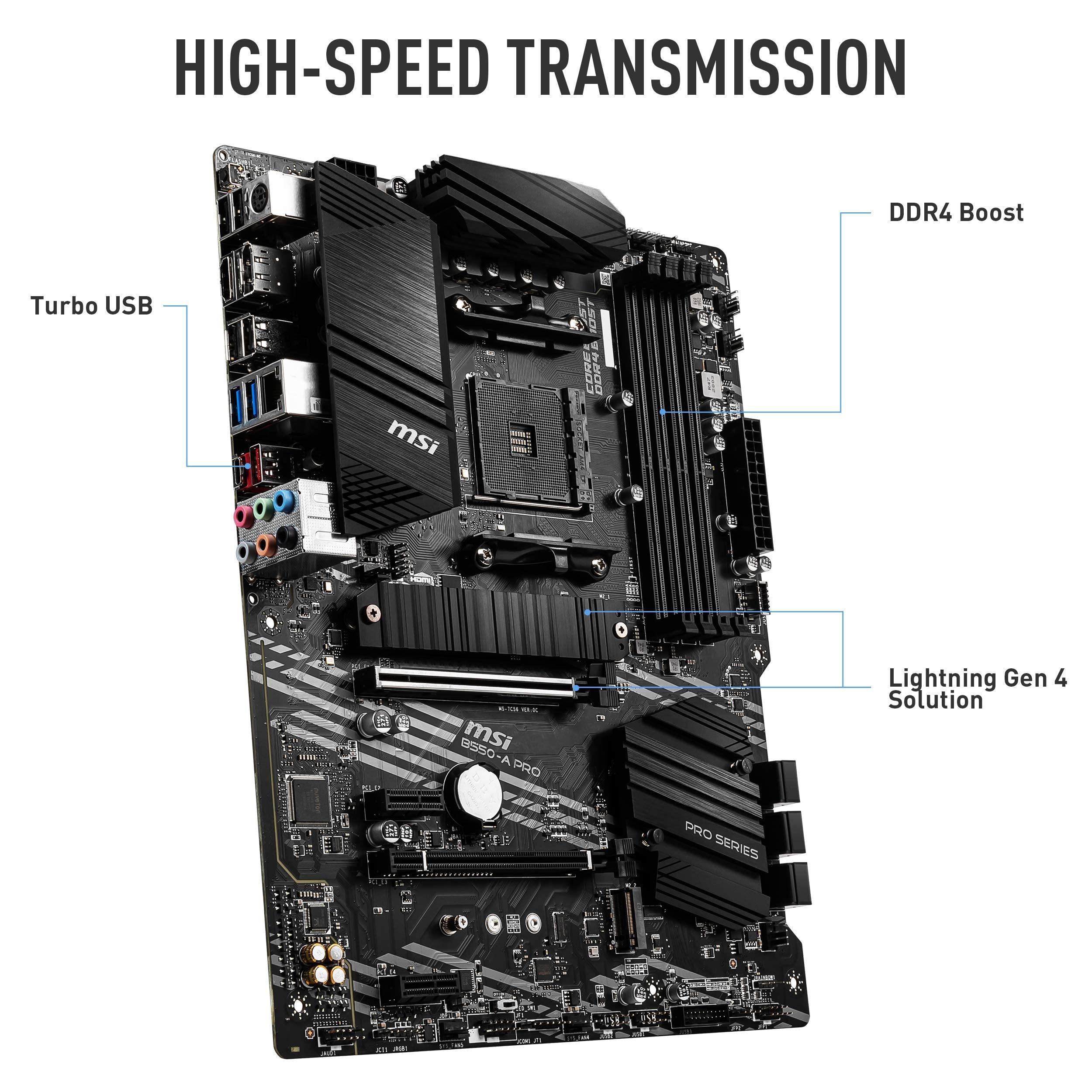 MSI B550-A PRO Motherboard ATX - Supports AMD Ryzen 3rd Gen Processors, AM4, DDR4 Boost (4400MHz/OC), 1 x PCIe 4.0/3.0 x16, 1 x PCIe 3.0/3.0 x16, 1 x M.2 Gen4 x4, 1 x M.2 Gen3 x4, HDMI, Gigabit LAN