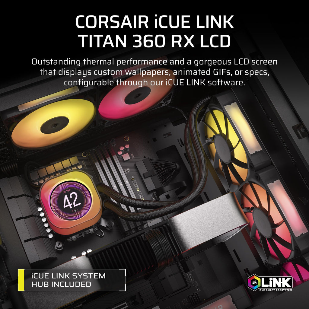Corsair iCUE LINK TITAN 360 RX LCD Liquid CPU Cooler � 360mm AIO � Low-Noise � FlowDrive Cooling Engine � Intel LGA 1851/1700, AMD AM5/AM4 � 3x RX120 RGB Fans � iCUE LINK System Hub Included � Black