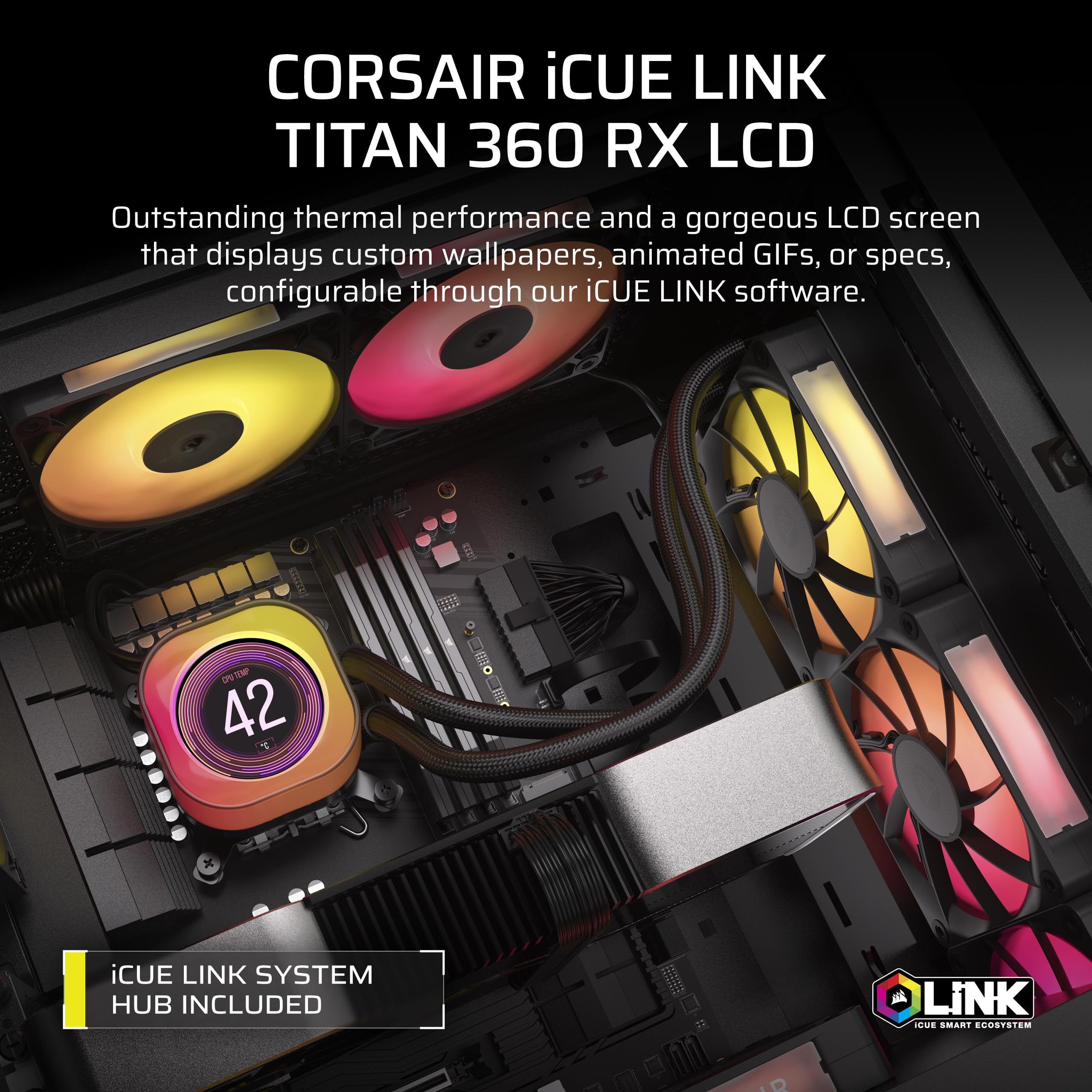 Corsair iCUE LINK TITAN 360 RX LCD Liquid CPU Cooler � 360mm AIO � Low-Noise � FlowDrive Cooling Engine � Intel LGA 1851/1700, AMD AM5/AM4 � 3x RX120 RGB Fans � iCUE LINK System Hub Included � Black