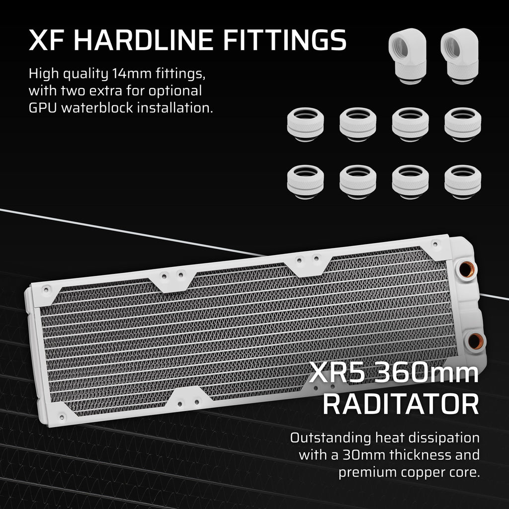 Corsair iCUE LINK XH505i RX 360 RGB Custom Cooling Kit – XC7 ELITE CPU Water Block, XD6 ELITE Pump Reservoir, 3x RX120 RGB Fans, XR5 360mm Radiator, iCUE LINK System Hub – White